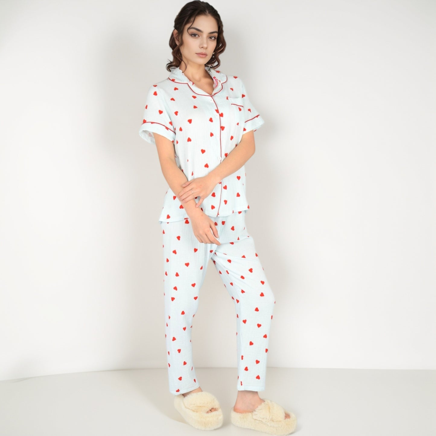 Anna-Kaci Women's Red Heart Print Pajama Set with Short Sleeve Button-Up Top and Relaxed Fit Elastic Waist Pants