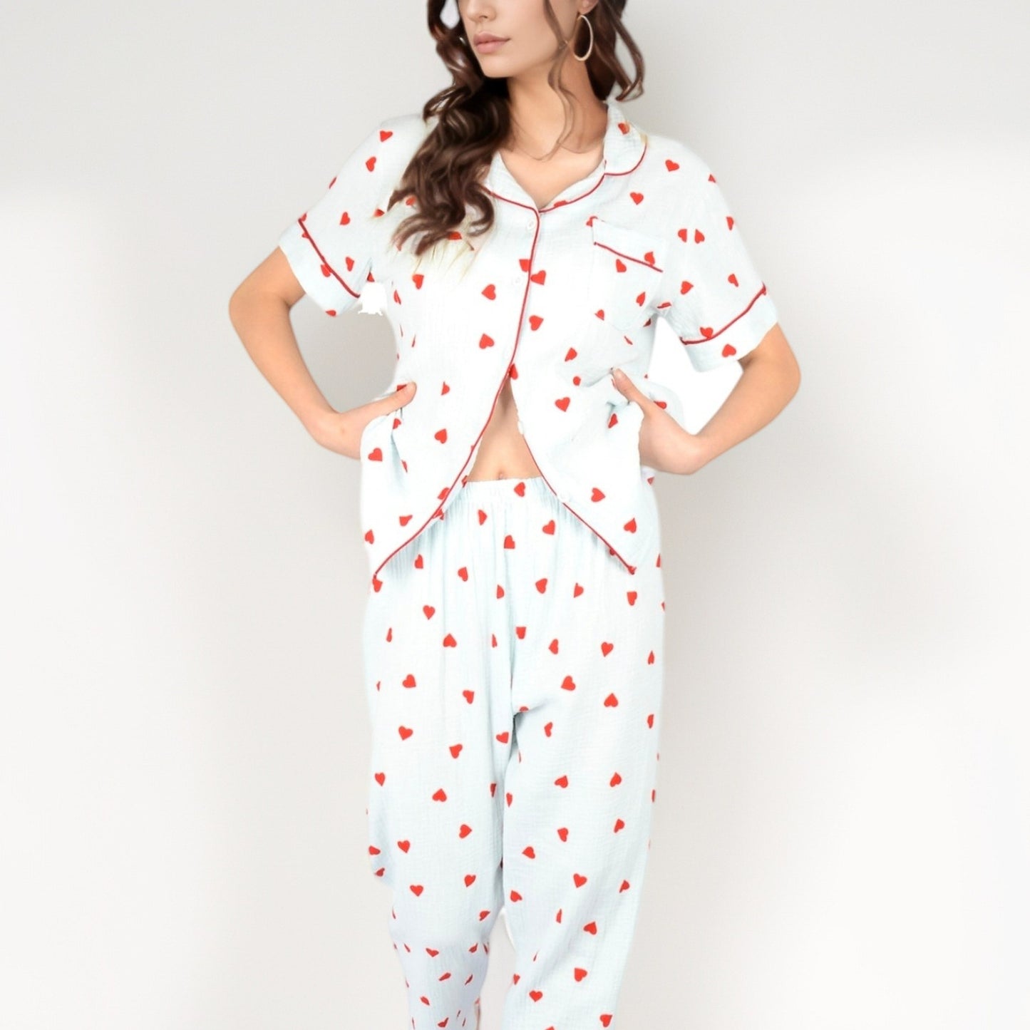 Anna-Kaci Women's Red Heart Print Pajama Set with Short Sleeve Button-Up Top and Relaxed Fit Elastic Waist Pants