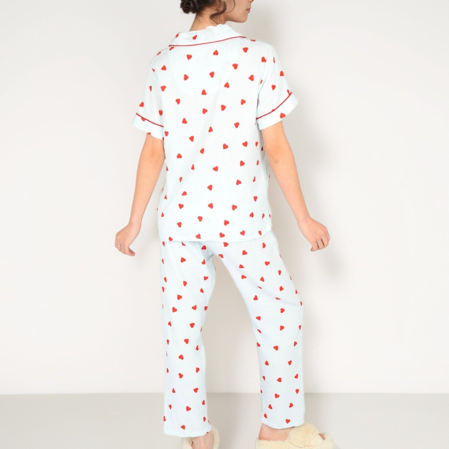Anna-Kaci Women's Red Heart Print Pajama Set with Short Sleeve Button-Up Top and Relaxed Fit Elastic Waist Pants