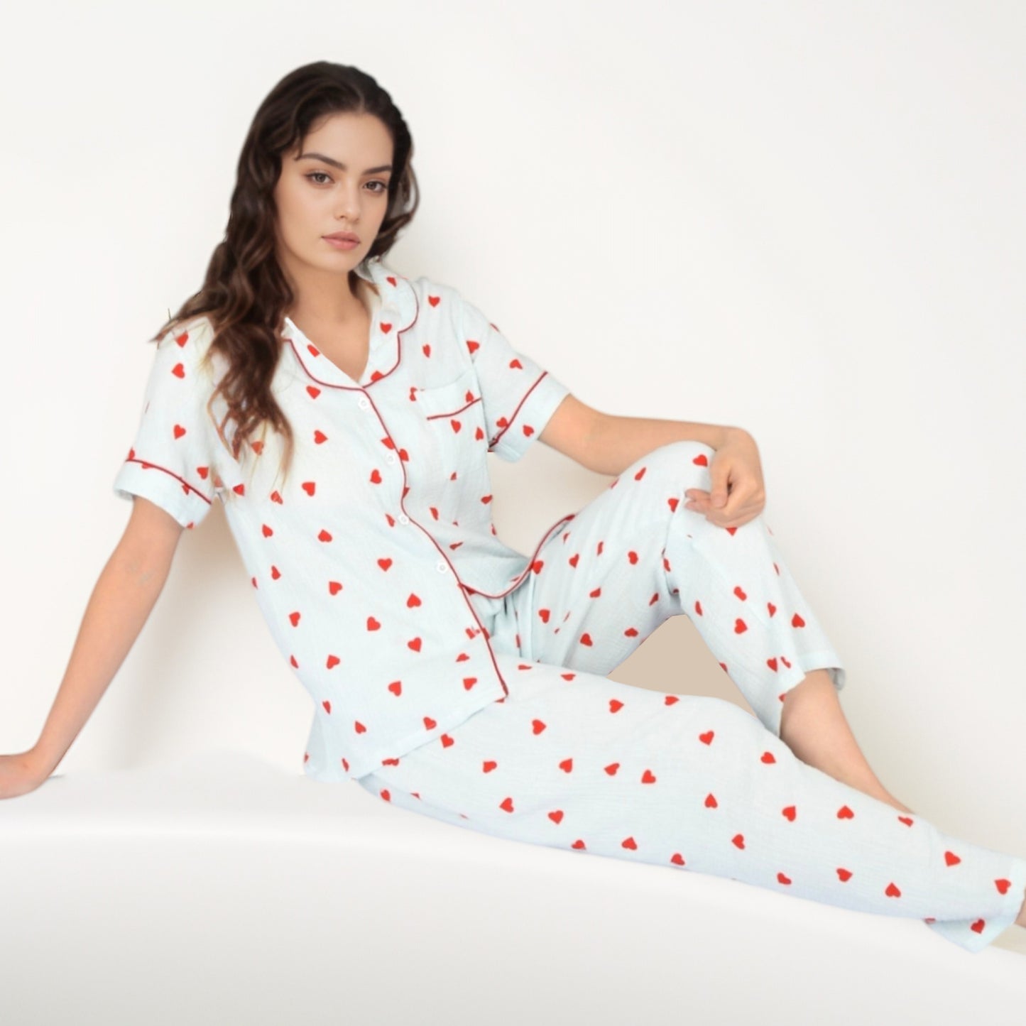Anna-Kaci Women's Red Heart Print Pajama Set with Short Sleeve Button-Up Top and Relaxed Fit Elastic Waist Pants
