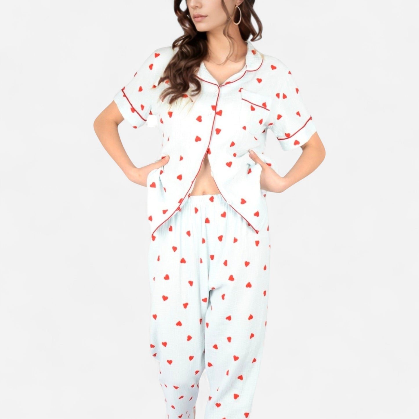 Anna-Kaci Women's Red Heart Print Pajama Set with Short Sleeve Button-Up Top and Relaxed Fit Elastic Waist Pants