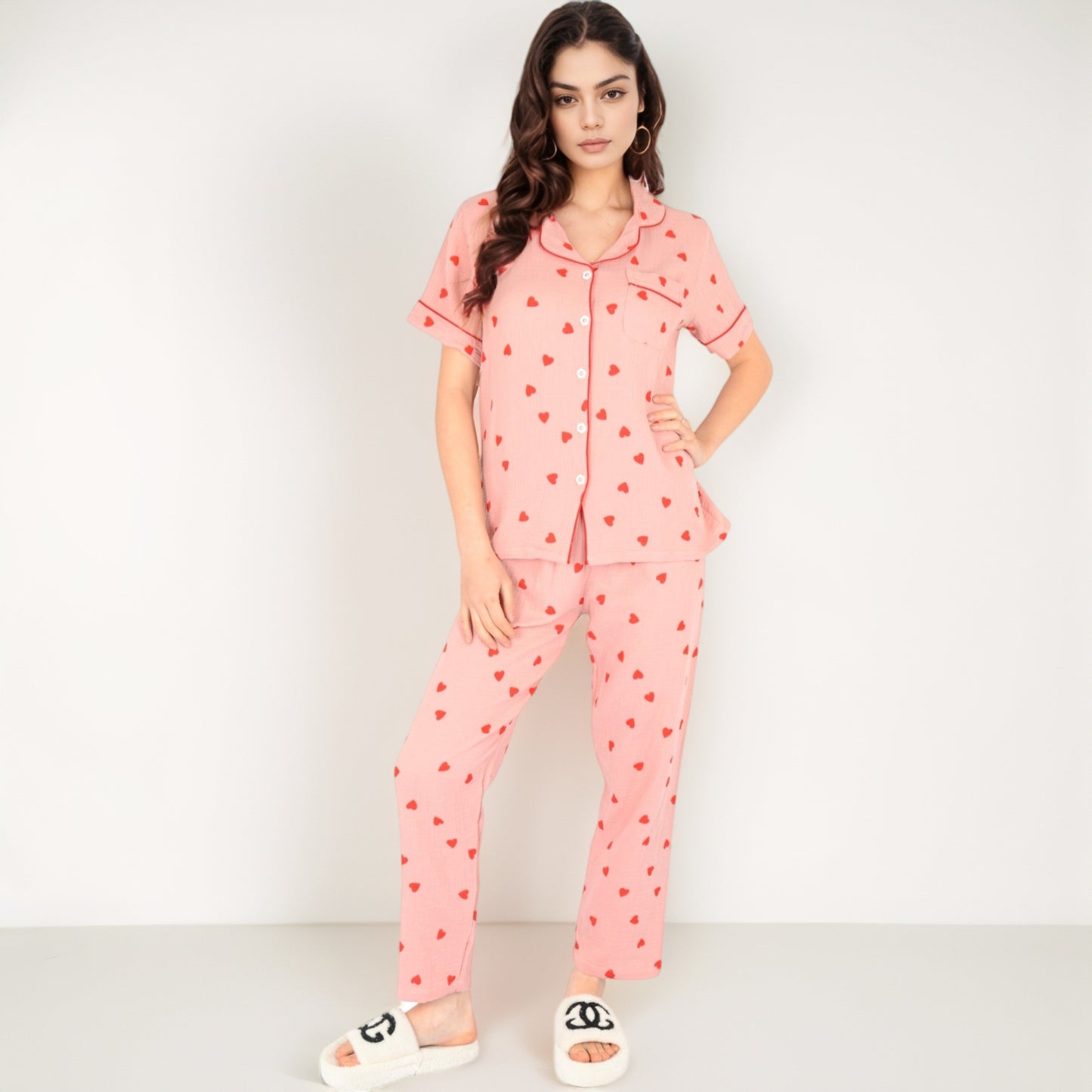 Anna-Kaci Women's Red Heart Print Pajama Set with Short Sleeve Button-Up Top and Relaxed Fit Elastic Waist Pants