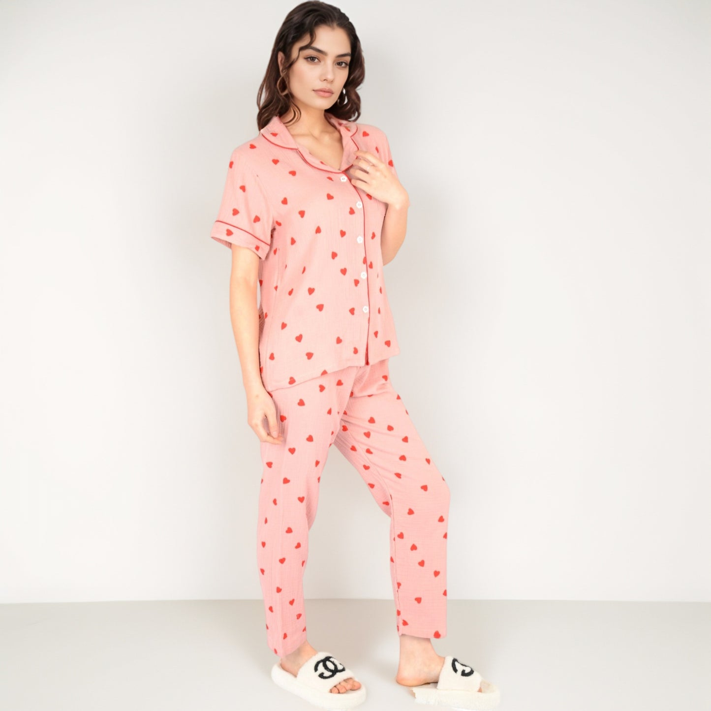 Anna-Kaci Women's Red Heart Print Pajama Set with Short Sleeve Button-Up Top and Relaxed Fit Elastic Waist Pants