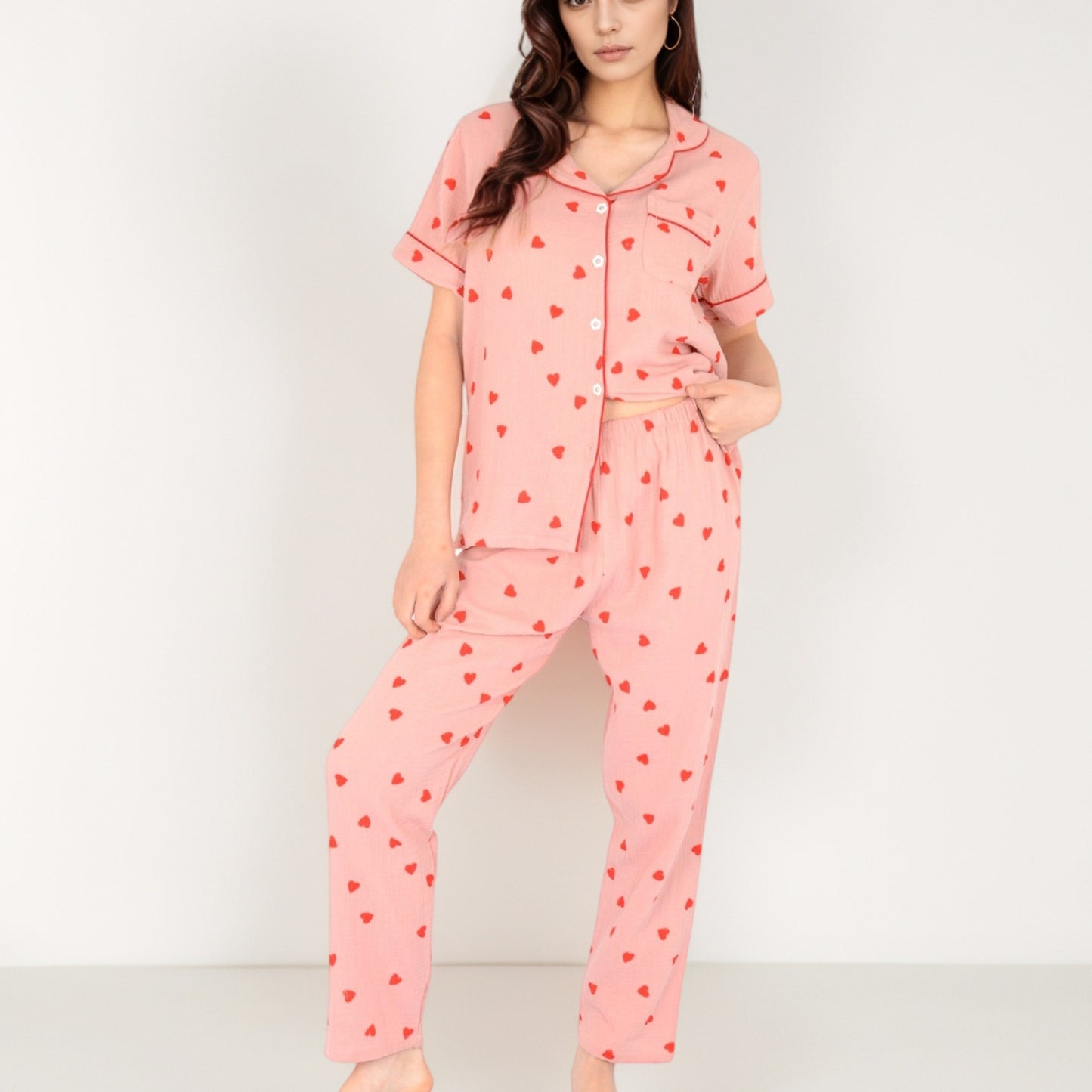 Anna-Kaci Women's Red Heart Print Pajama Set with Short Sleeve Button-Up Top and Relaxed Fit Elastic Waist Pants