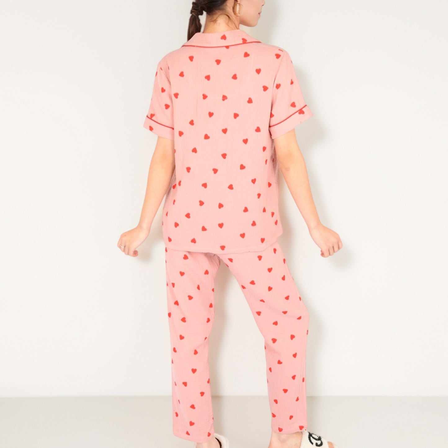 Anna-Kaci Women's Red Heart Print Pajama Set with Short Sleeve Button-Up Top and Relaxed Fit Elastic Waist Pants