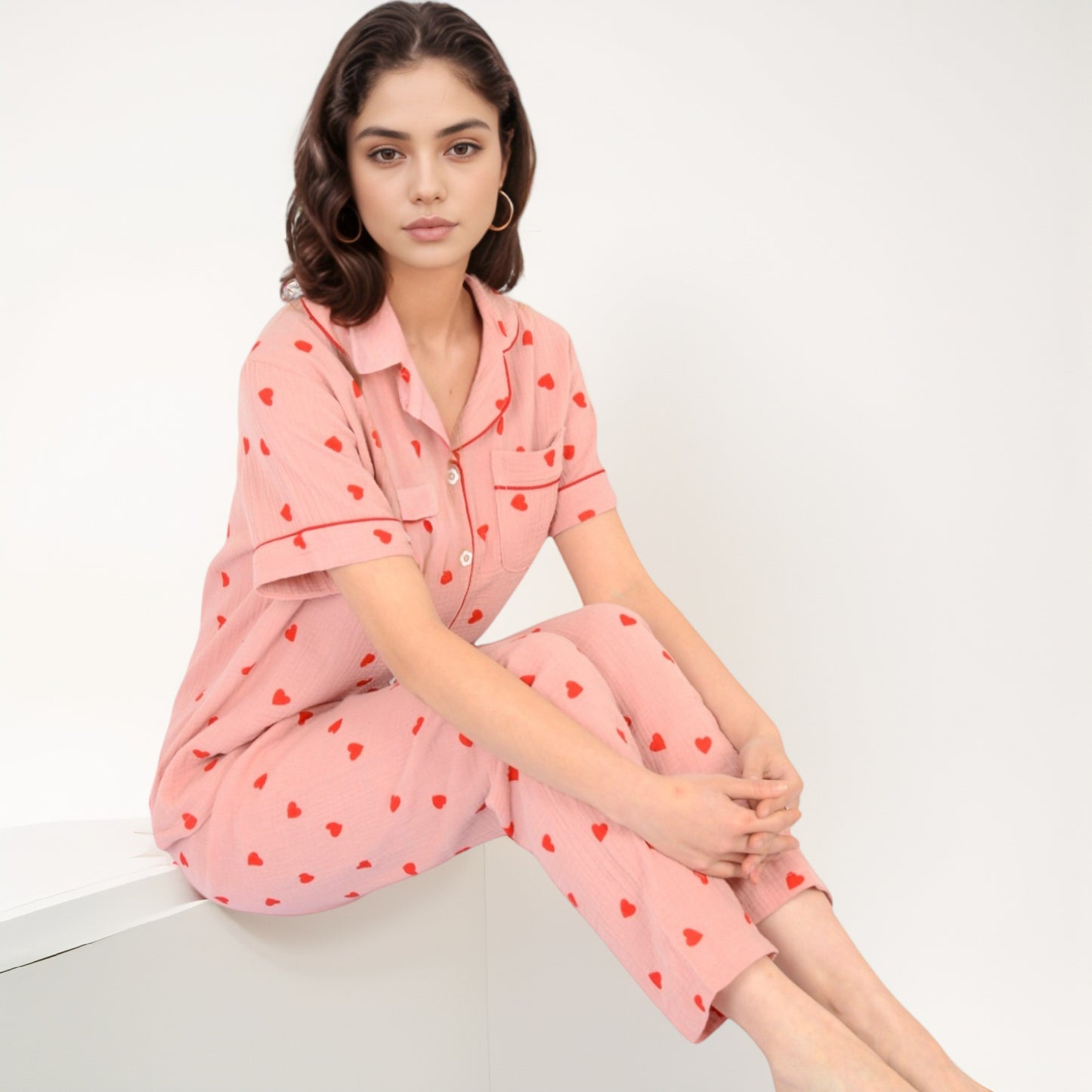 Anna-Kaci Women's Red Heart Print Pajama Set with Short Sleeve Button-Up Top and Relaxed Fit Elastic Waist Pants
