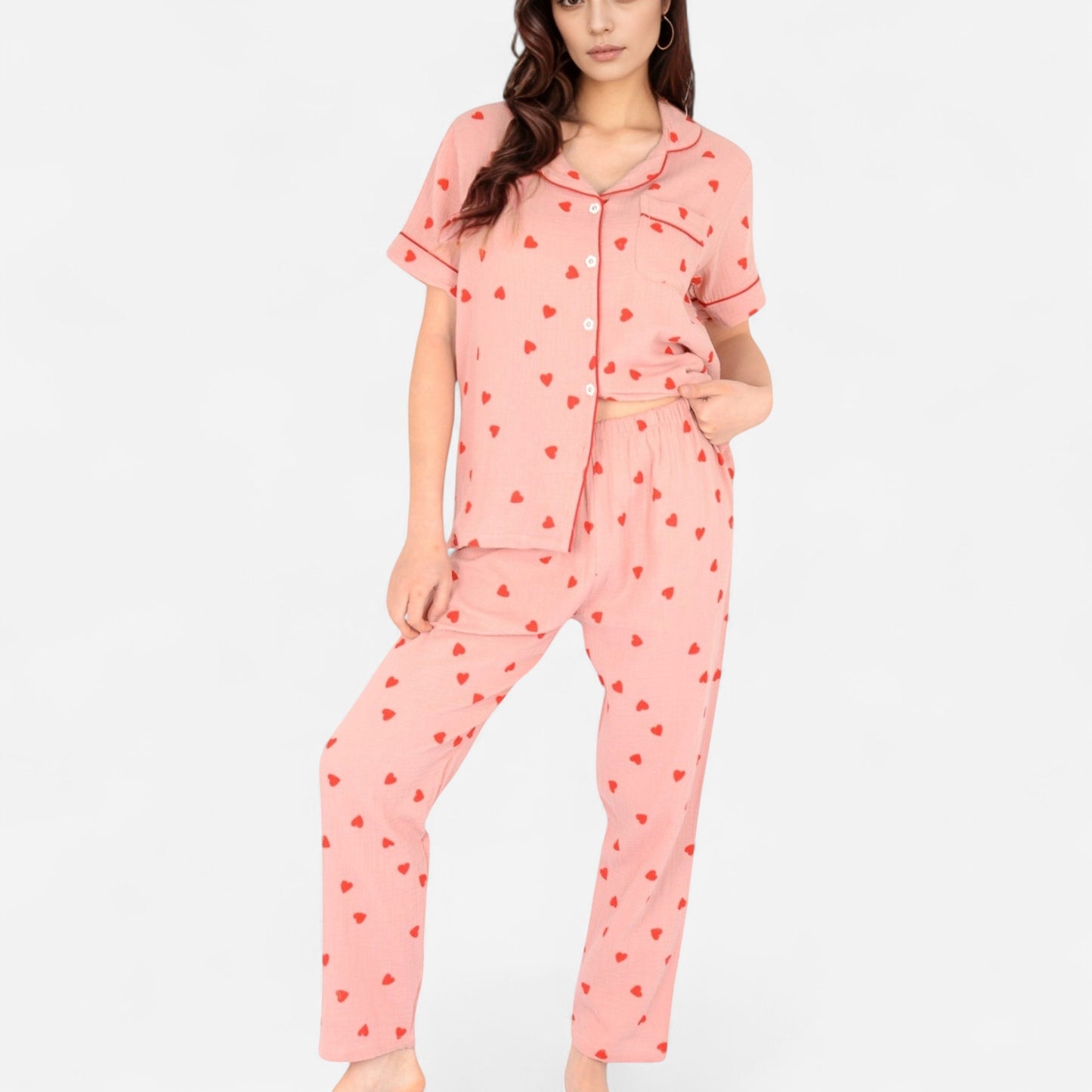 Anna-Kaci Women's Red Heart Print Pajama Set with Short Sleeve Button-Up Top and Relaxed Fit Elastic Waist Pants
