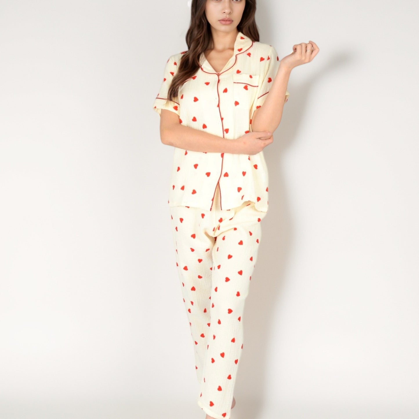 Anna-Kaci Women's Red Heart Print Pajama Set with Short Sleeve Button-Up Top and Relaxed Fit Elastic Waist Pants