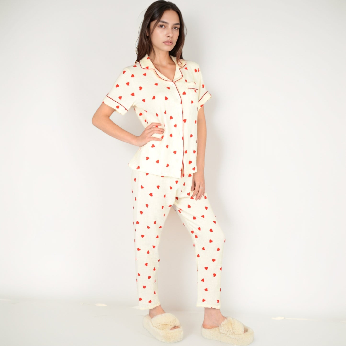 Anna-Kaci Women's Red Heart Print Pajama Set with Short Sleeve Button-Up Top and Relaxed Fit Elastic Waist Pants