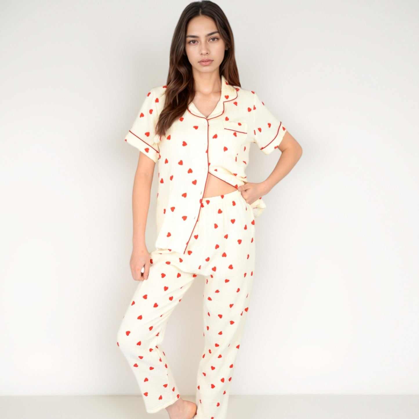 Anna-Kaci Women's Red Heart Print Pajama Set with Short Sleeve Button-Up Top and Relaxed Fit Elastic Waist Pants