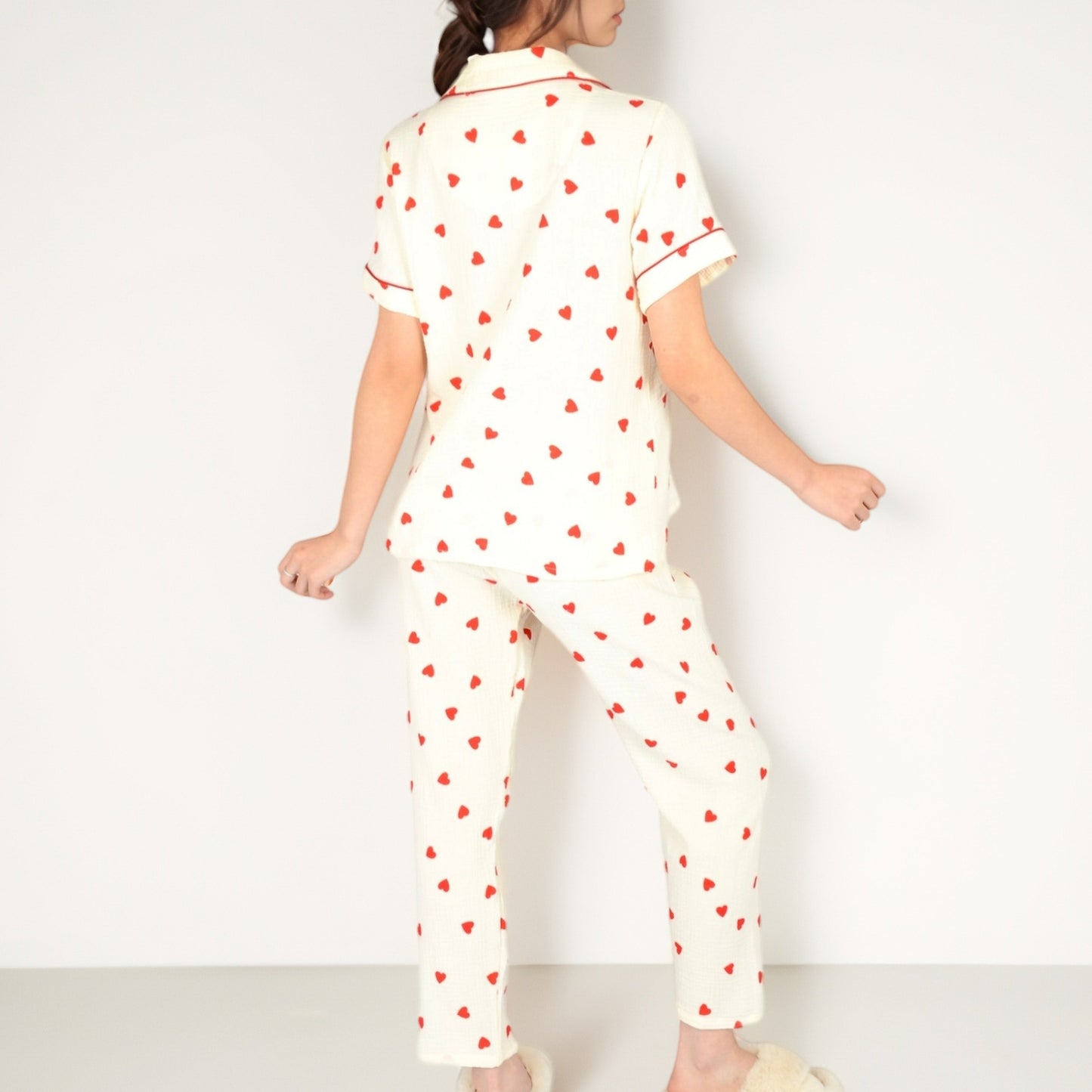 Anna-Kaci Women's Red Heart Print Pajama Set with Short Sleeve Button-Up Top and Relaxed Fit Elastic Waist Pants