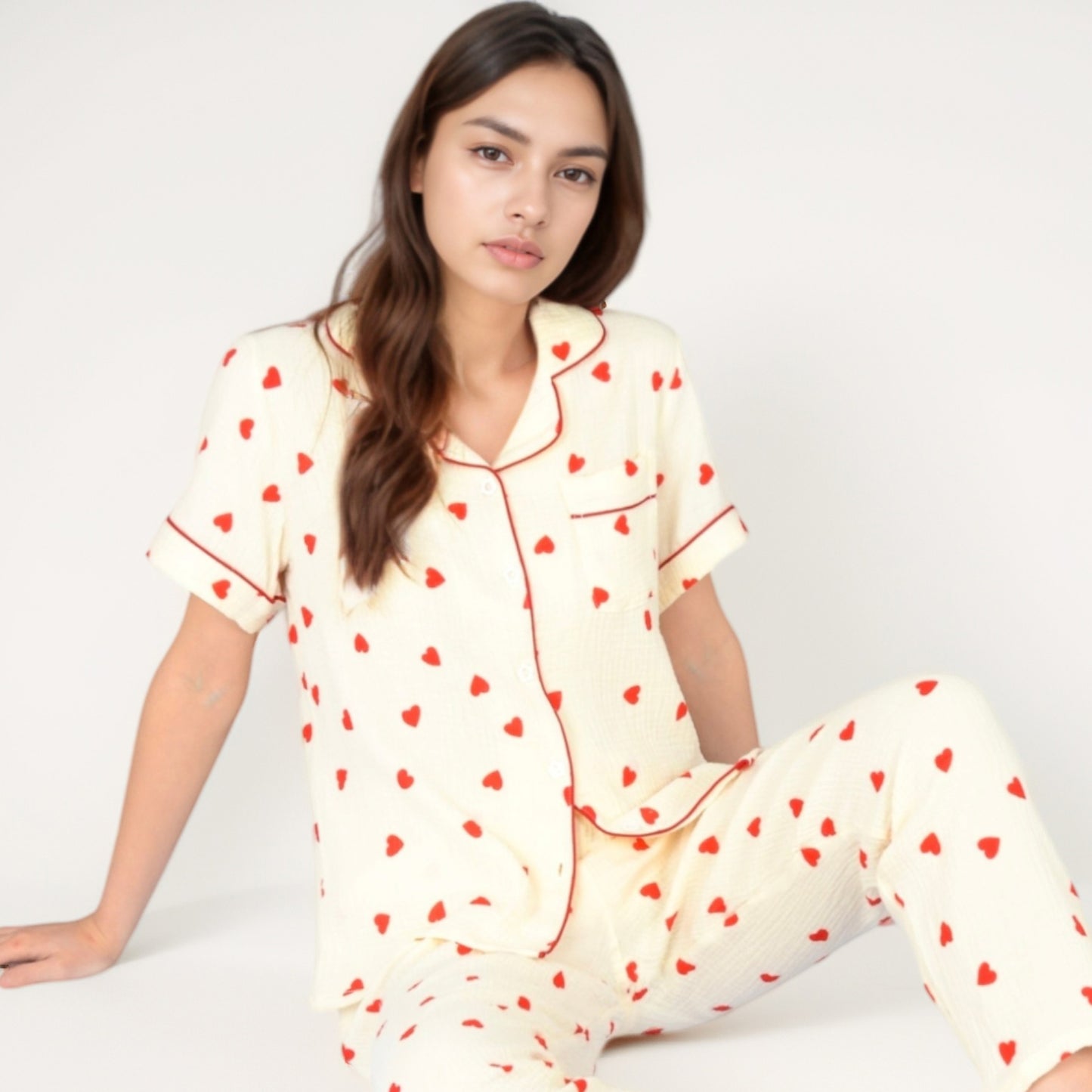 Anna-Kaci Women's Red Heart Print Pajama Set with Short Sleeve Button-Up Top and Relaxed Fit Elastic Waist Pants