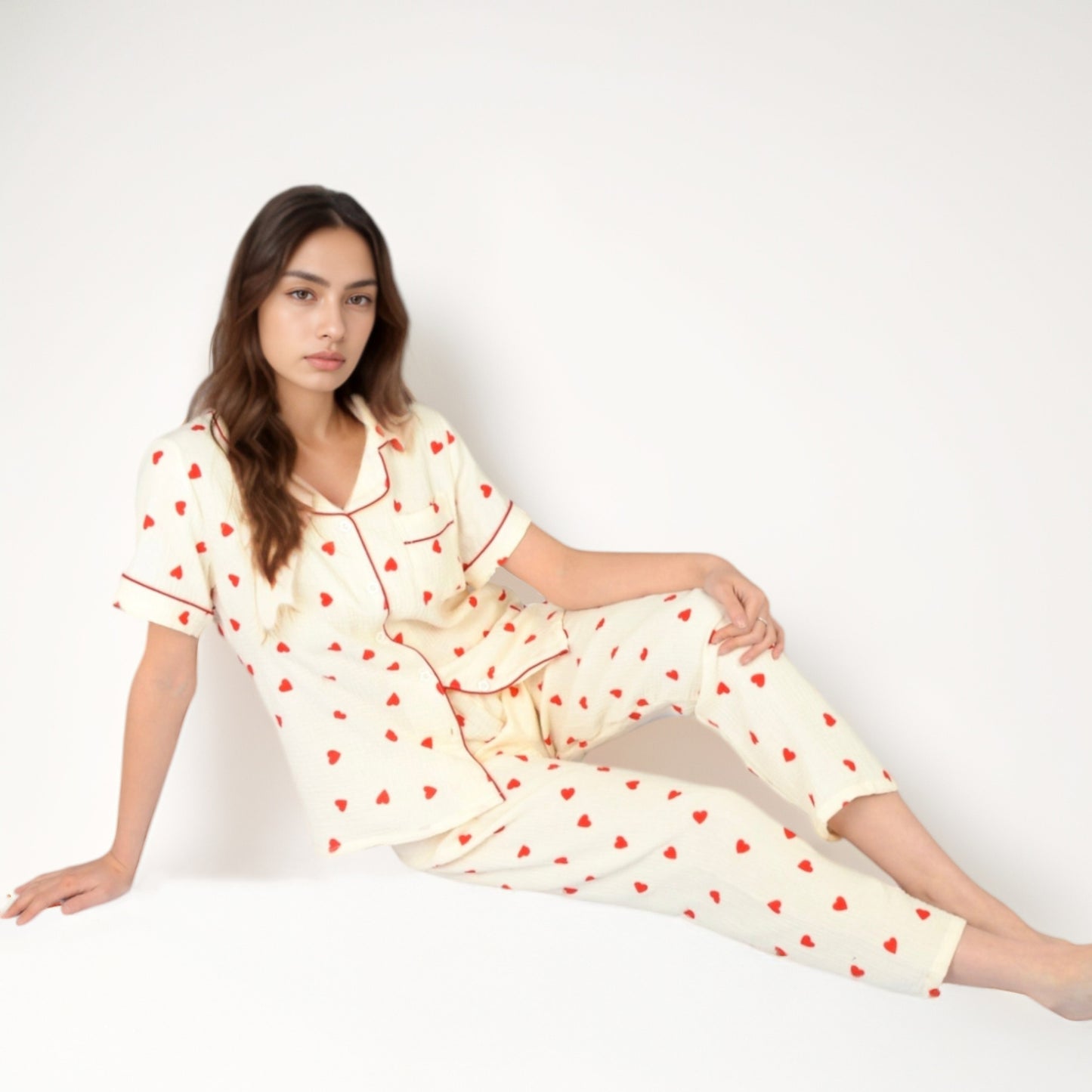 Anna-Kaci Women's Red Heart Print Pajama Set with Short Sleeve Button-Up Top and Relaxed Fit Elastic Waist Pants