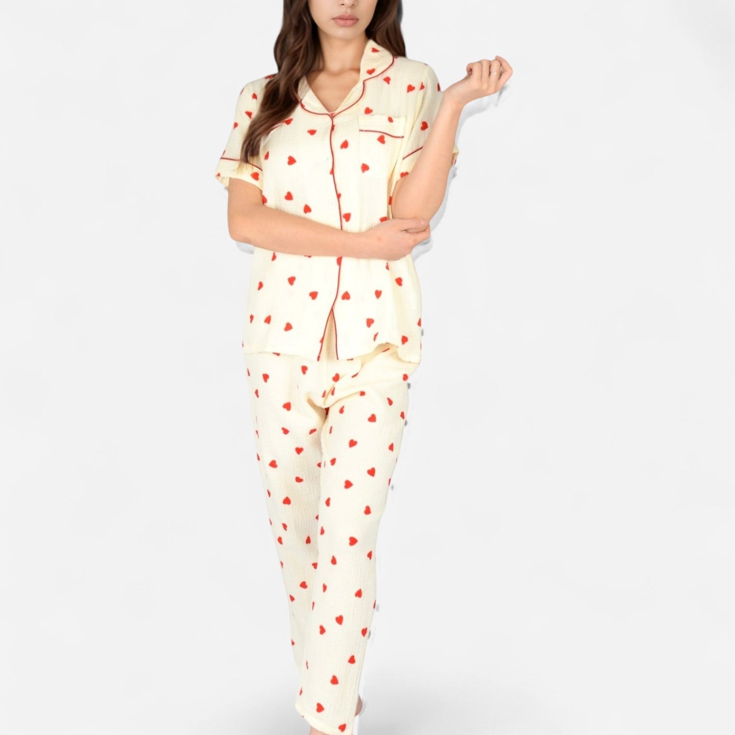 Anna-Kaci Women's Red Heart Print Pajama Set with Short Sleeve Button-Up Top and Relaxed Fit Elastic Waist Pants
