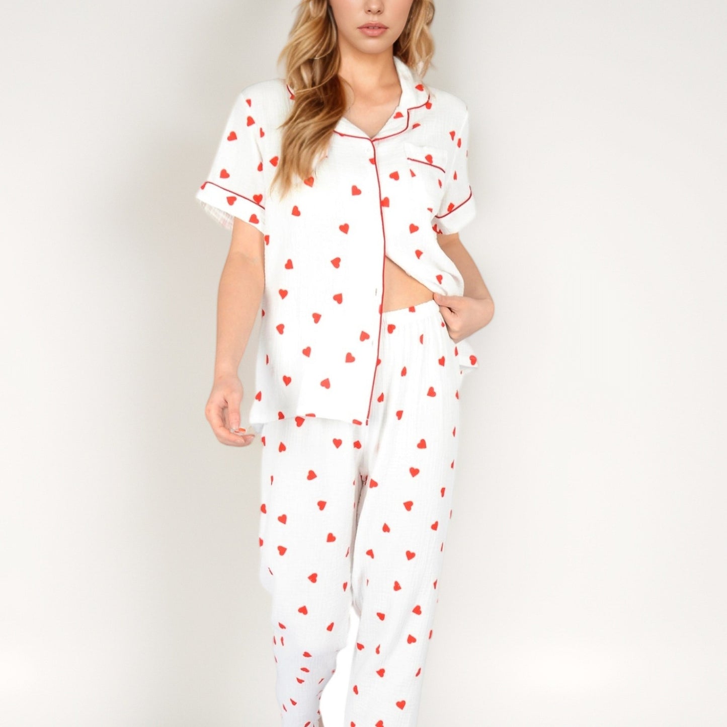Anna-Kaci Women's Red Heart Print Pajama Set with Short Sleeve Button-Up Top and Relaxed Fit Elastic Waist Pants