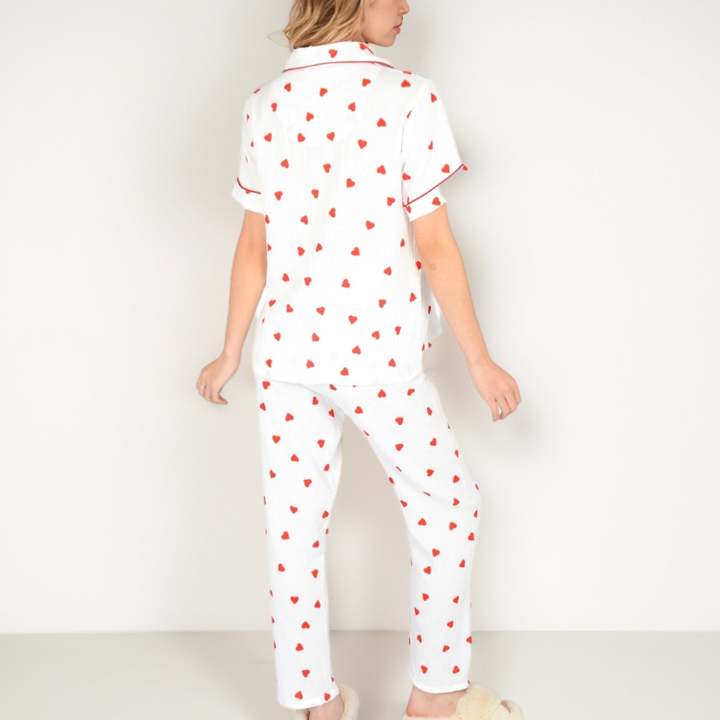 Anna-Kaci Women's Red Heart Print Pajama Set with Short Sleeve Button-Up Top and Relaxed Fit Elastic Waist Pants