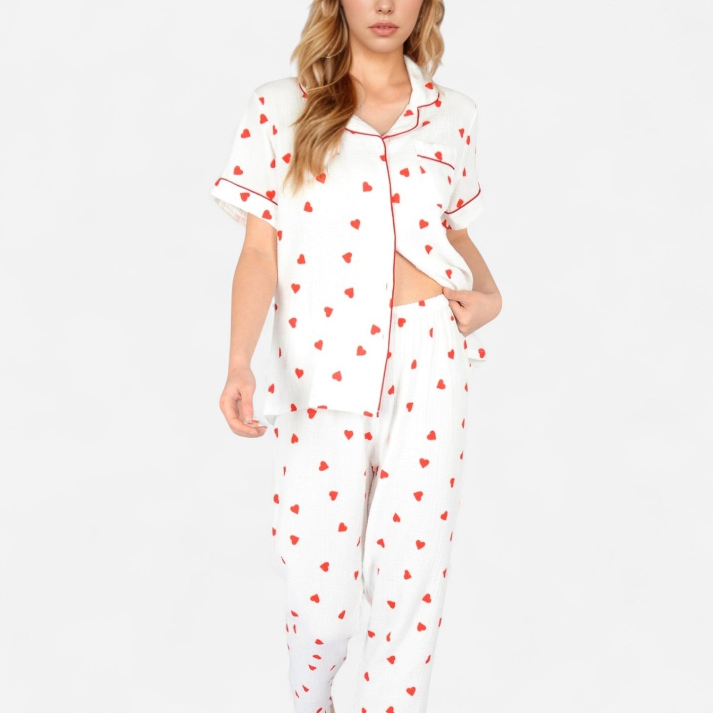 Anna-Kaci Women's Red Heart Print Pajama Set with Short Sleeve Button-Up Top and Relaxed Fit Elastic Waist Pants