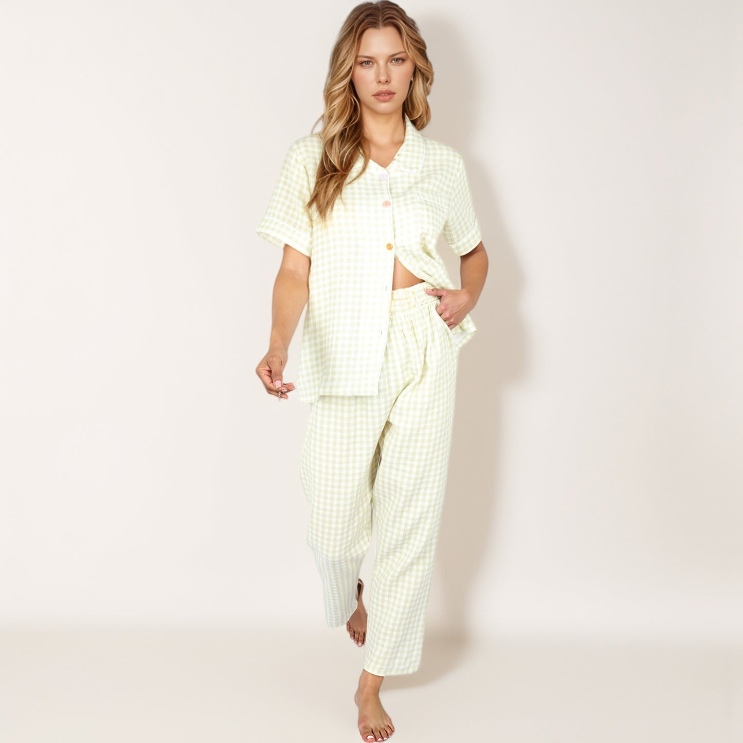 Anna-Kaci Lounge Women's Gingham Print Two-Piece Pajama Set with Short Sleeve Button Top and Relaxed Fit Pants