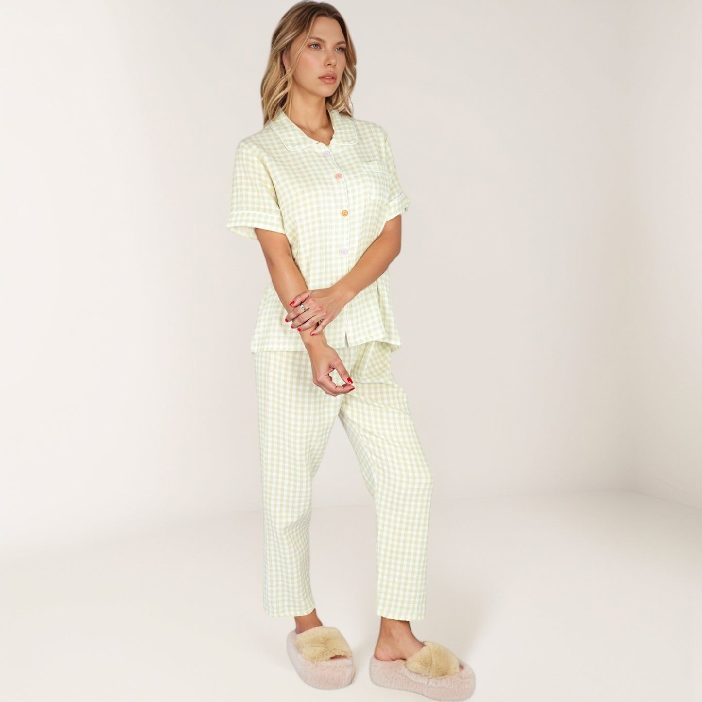 Anna-Kaci Lounge Women's Gingham Print Two-Piece Pajama Set with Short Sleeve Button Top and Relaxed Fit Pants