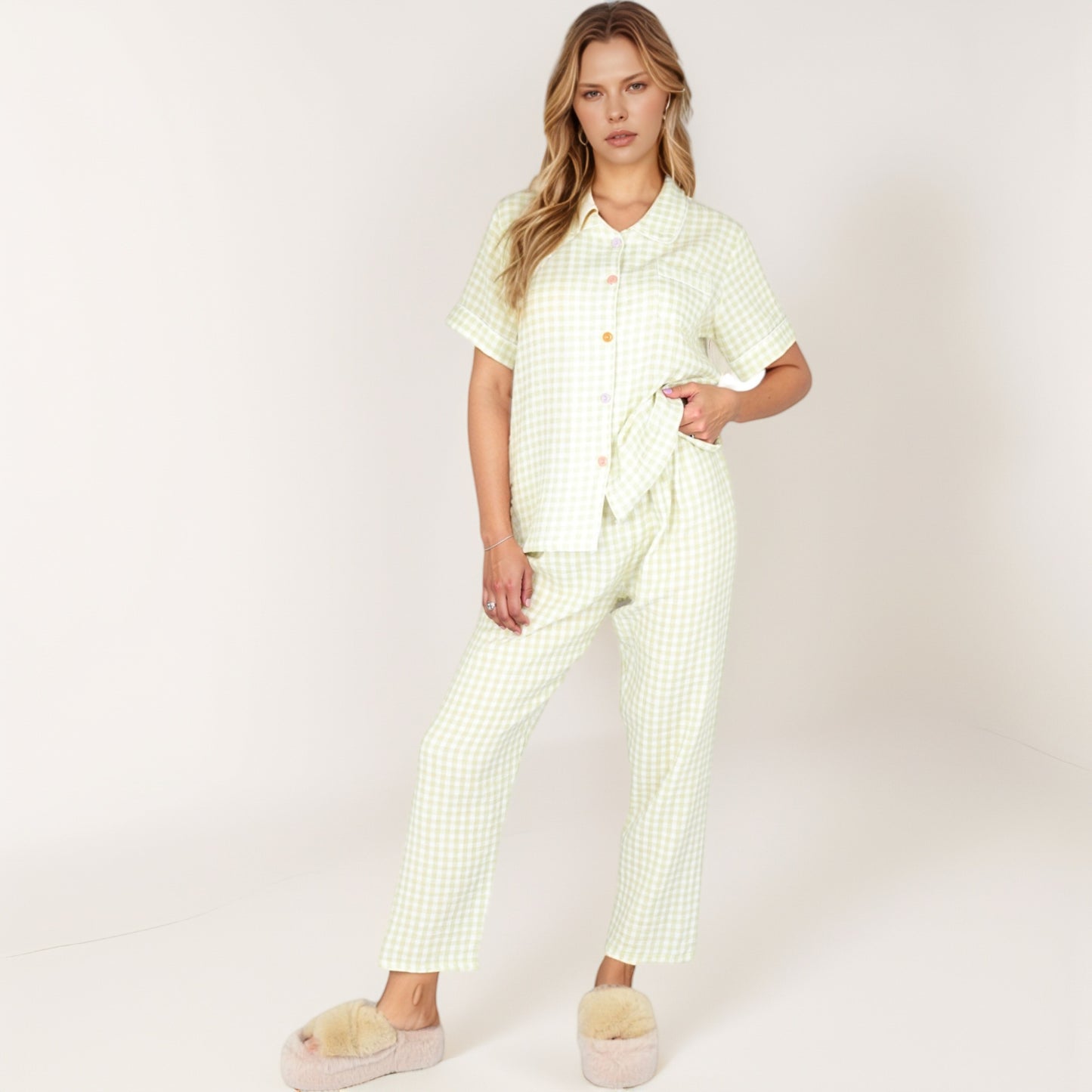 Anna-Kaci Lounge Women's Gingham Print Two-Piece Pajama Set with Short Sleeve Button Top and Relaxed Fit Pants