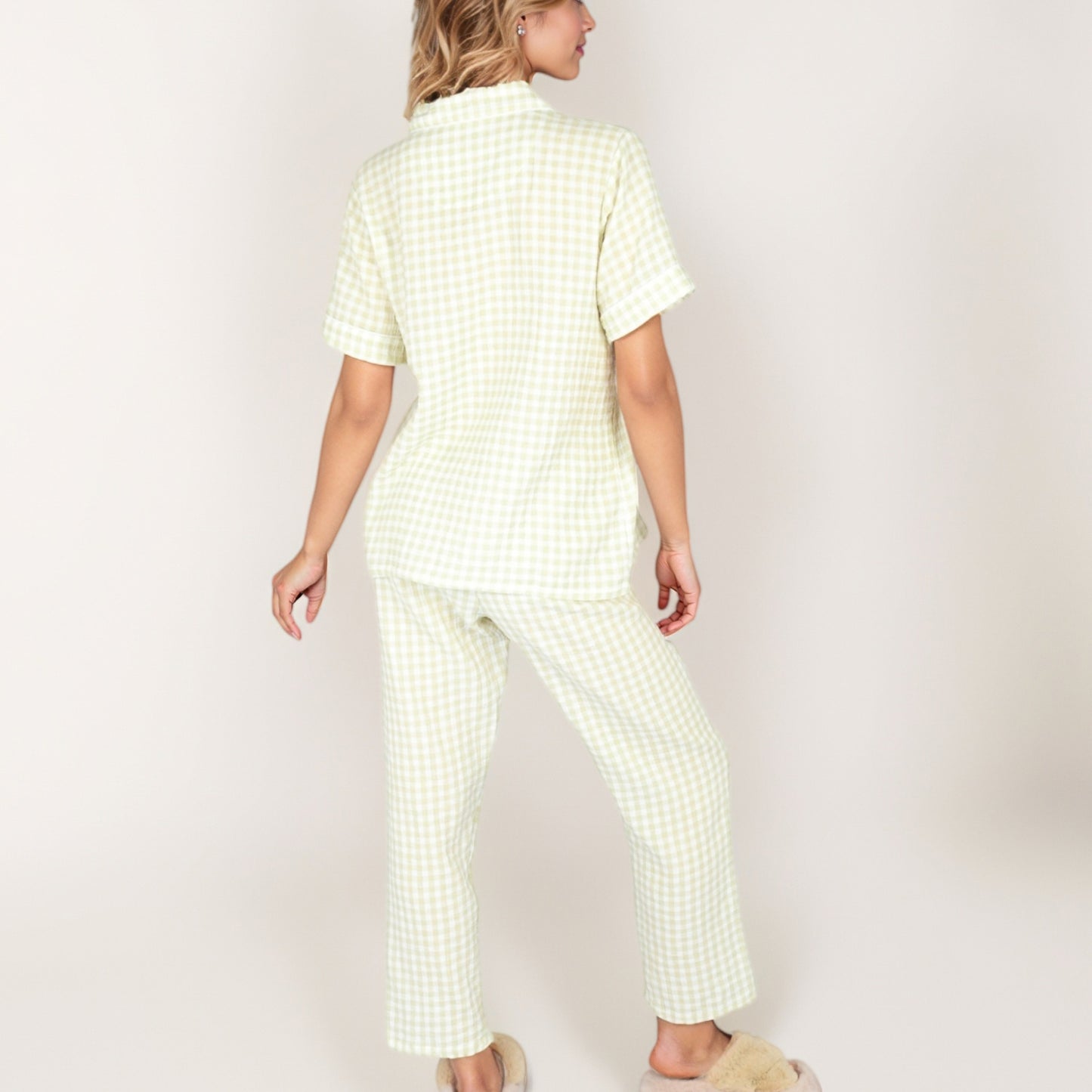Anna-Kaci Lounge Women's Gingham Print Two-Piece Pajama Set with Short Sleeve Button Top and Relaxed Fit Pants