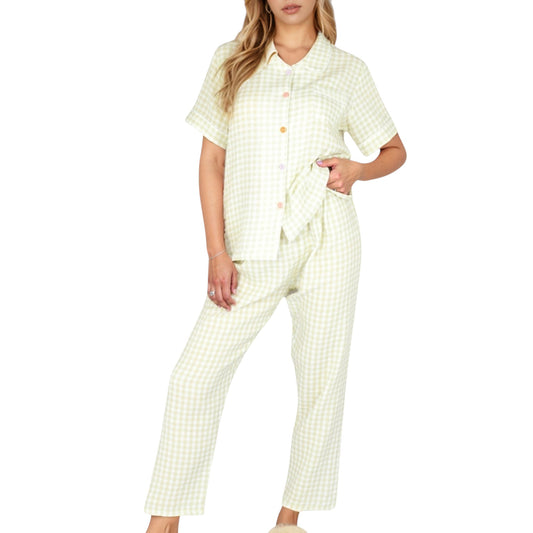 Anna-Kaci Lounge Women's Gingham Print Two-Piece Pajama Set with Short Sleeve Button Top and Relaxed Fit Pants