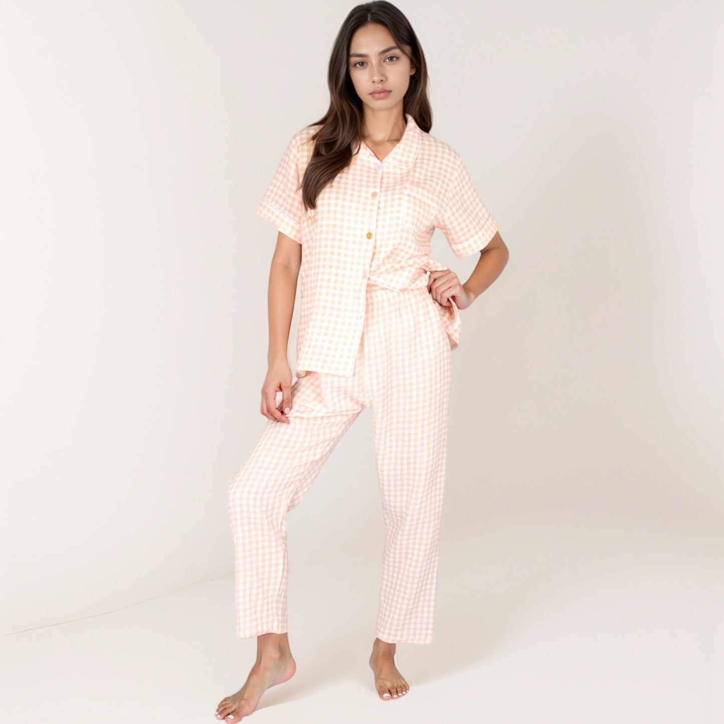 Anna-Kaci Lounge Women's Gingham Print Two-Piece Pajama Set with Short Sleeve Button Top and Relaxed Fit Pants