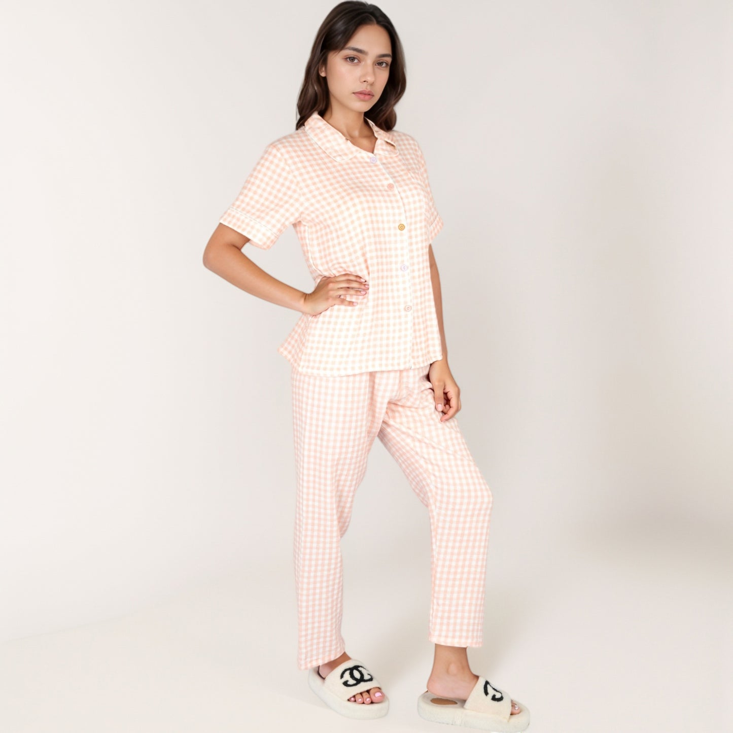 Anna-Kaci Lounge Women's Gingham Print Two-Piece Pajama Set with Short Sleeve Button Top and Relaxed Fit Pants