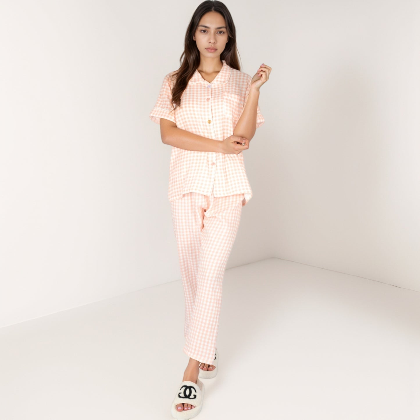 Anna-Kaci Lounge Women's Gingham Print Two-Piece Pajama Set with Short Sleeve Button Top and Relaxed Fit Pants