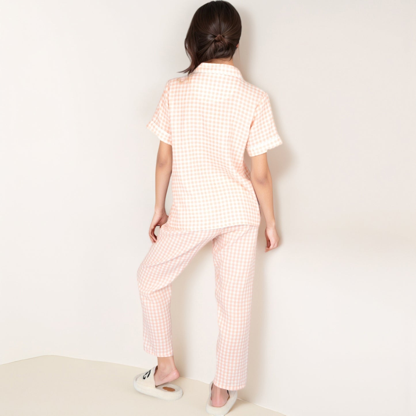 Anna-Kaci Lounge Women's Gingham Print Two-Piece Pajama Set with Short Sleeve Button Top and Relaxed Fit Pants