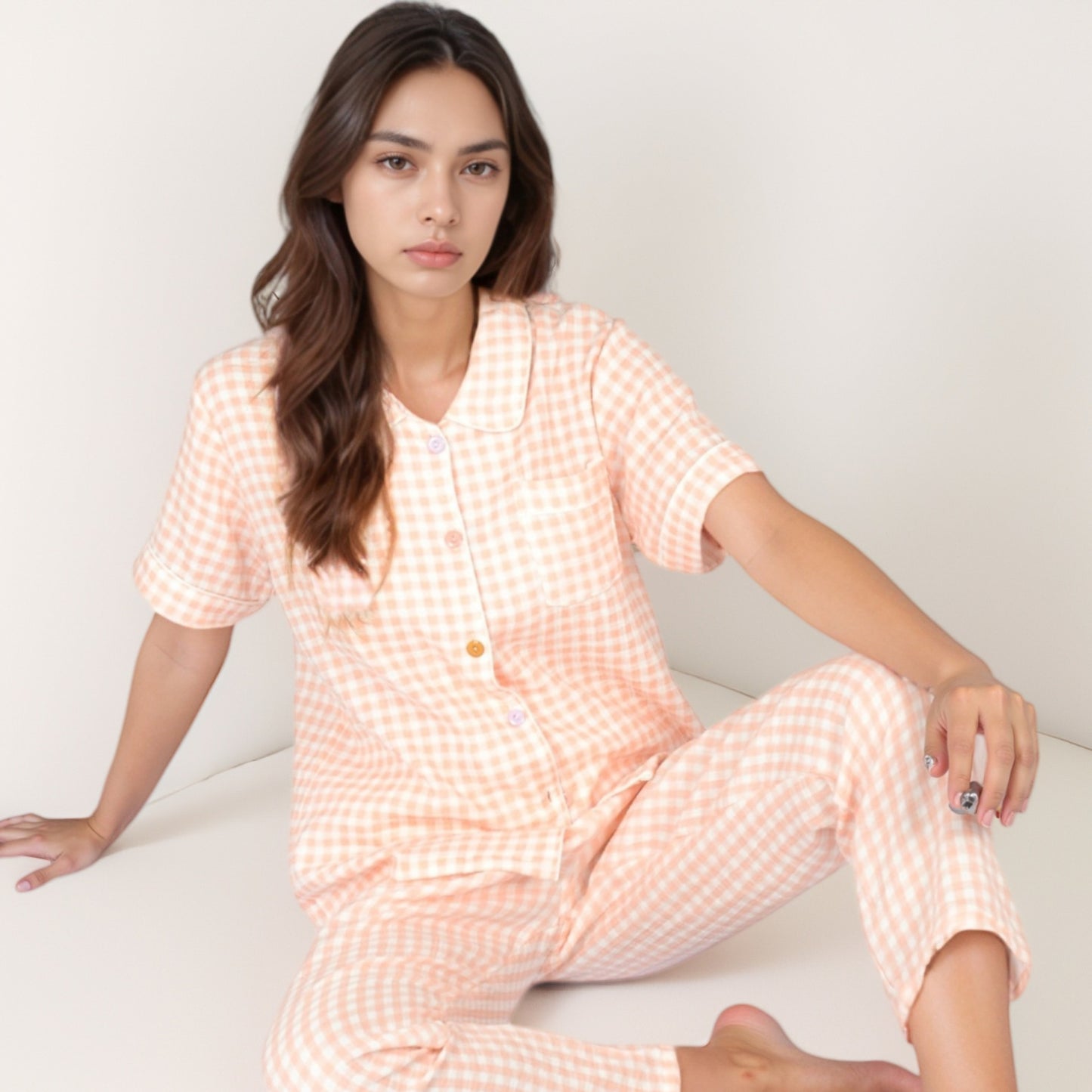 Anna-Kaci Lounge Women's Gingham Print Two-Piece Pajama Set with Short Sleeve Button Top and Relaxed Fit Pants