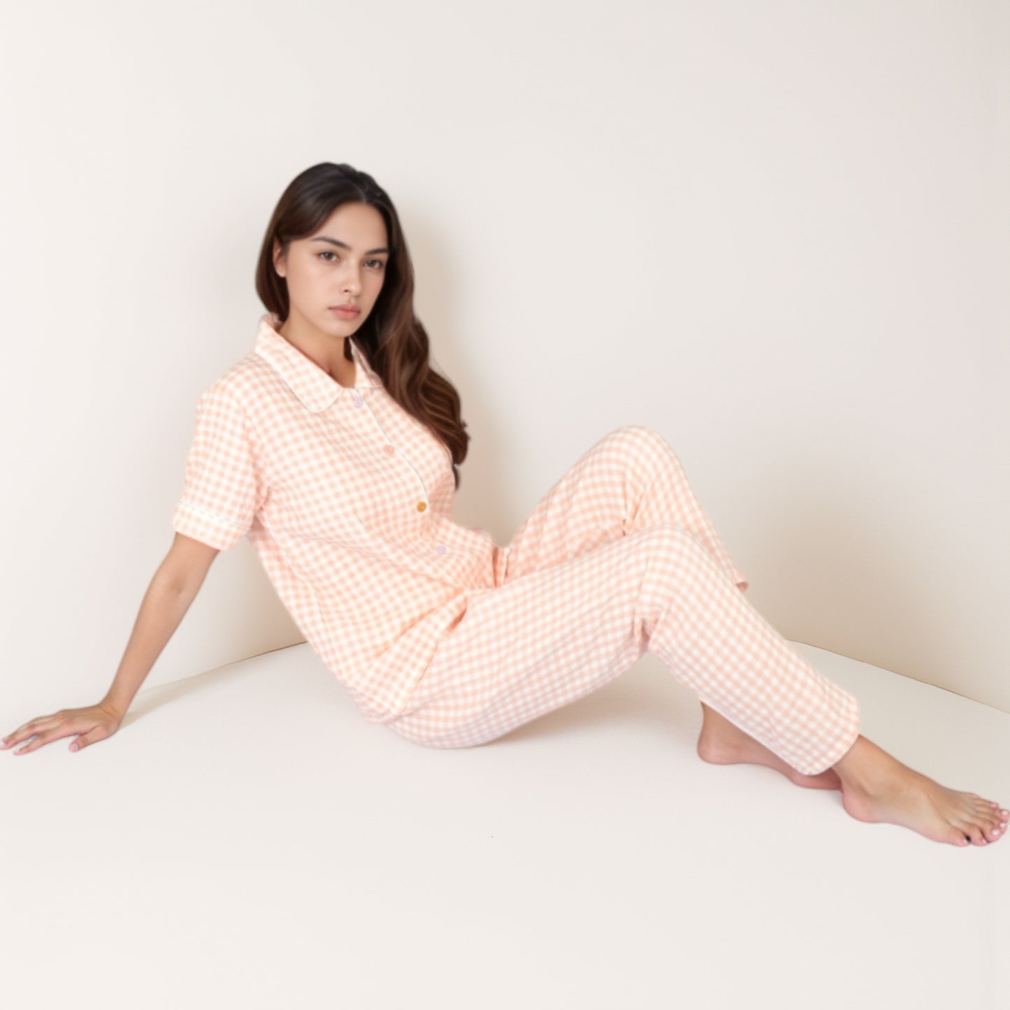 Anna-Kaci Lounge Women's Gingham Print Two-Piece Pajama Set with Short Sleeve Button Top and Relaxed Fit Pants