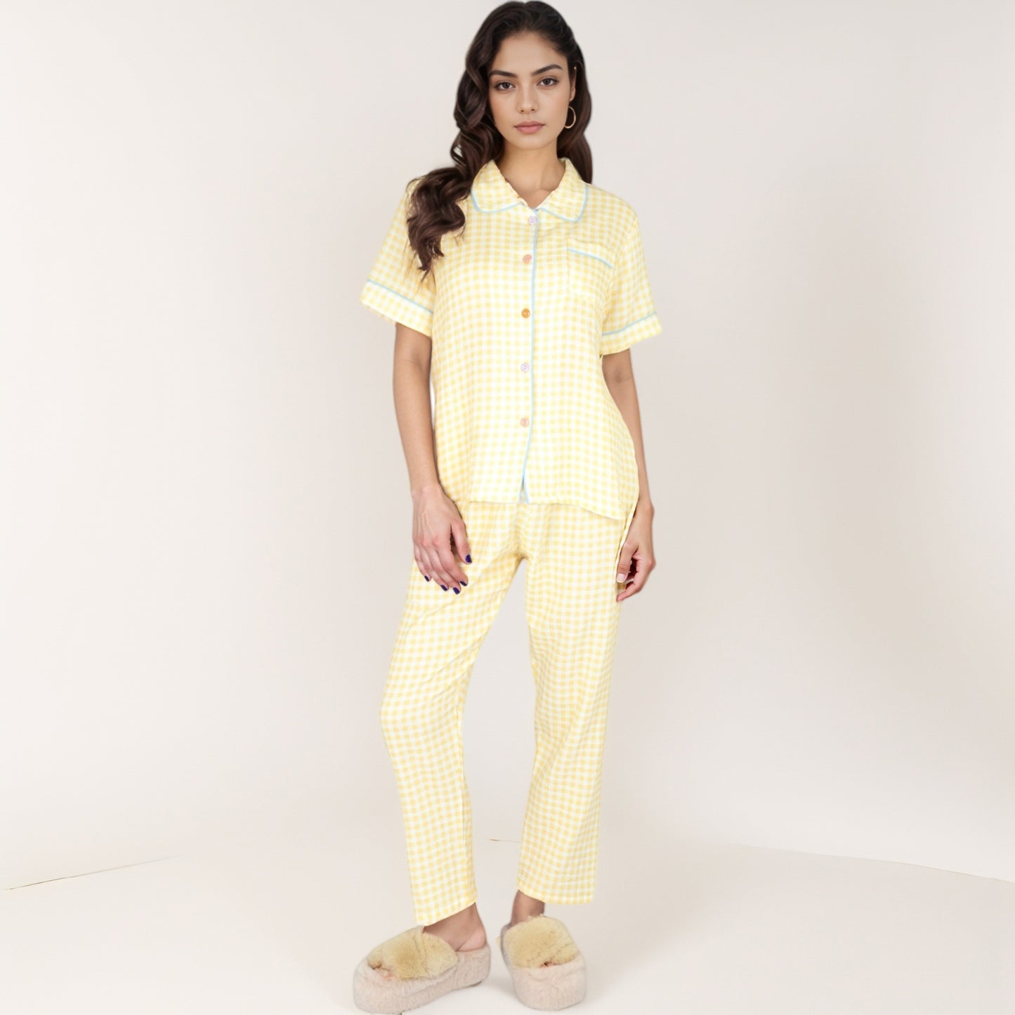 Anna-Kaci Lounge Women's Gingham Print Two-Piece Pajama Set with Short Sleeve Button Top and Relaxed Fit Pants