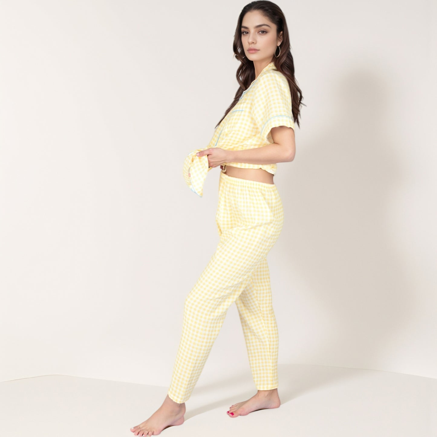 Anna-Kaci Lounge Women's Gingham Print Two-Piece Pajama Set with Short Sleeve Button Top and Relaxed Fit Pants