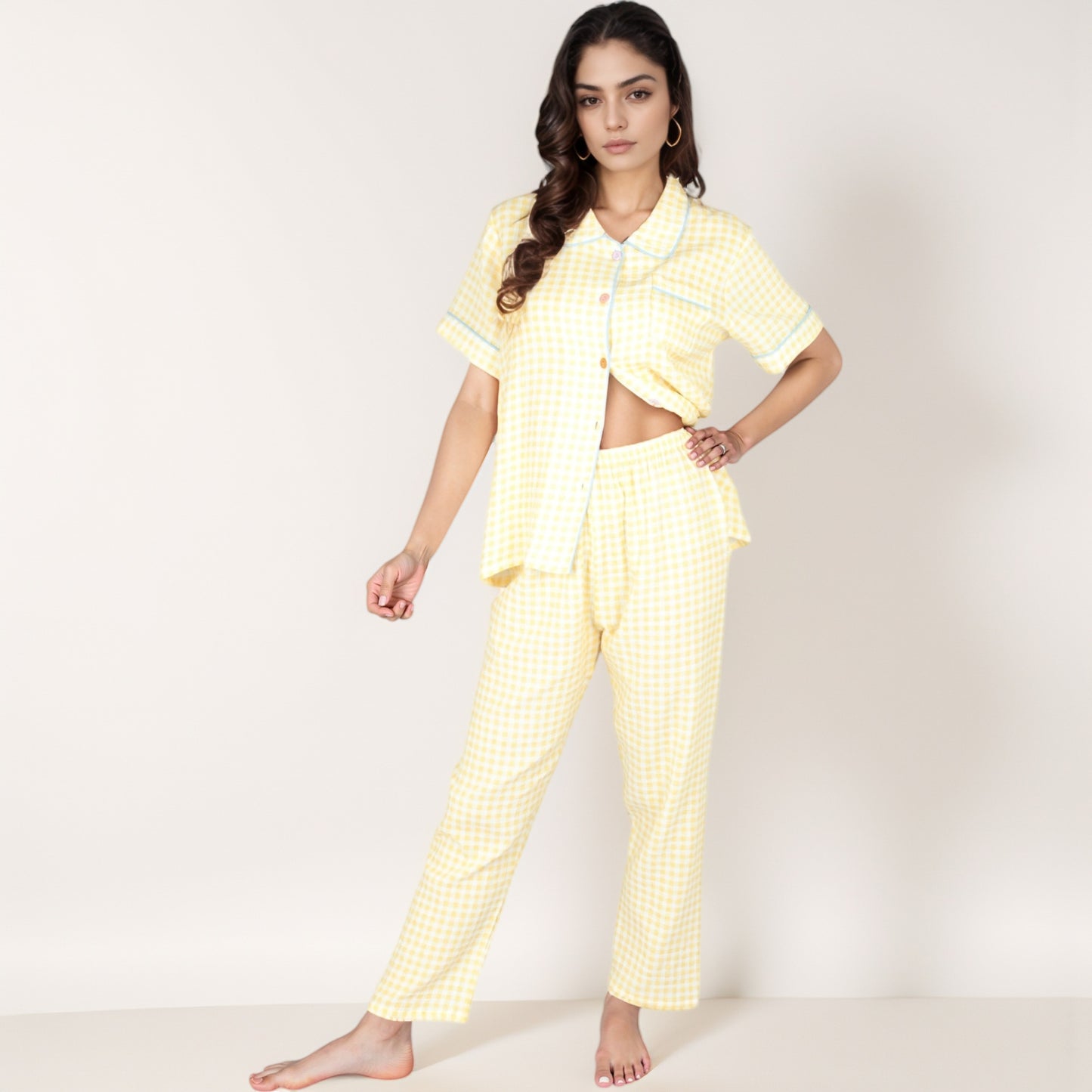 Anna-Kaci Lounge Women's Gingham Print Two-Piece Pajama Set with Short Sleeve Button Top and Relaxed Fit Pants