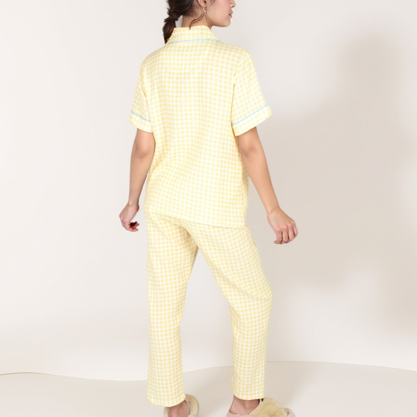 Anna-Kaci Lounge Women's Gingham Print Two-Piece Pajama Set with Short Sleeve Button Top and Relaxed Fit Pants
