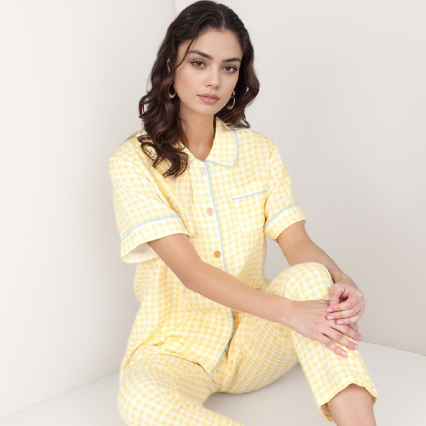 Anna-Kaci Lounge Women's Gingham Print Two-Piece Pajama Set with Short Sleeve Button Top and Relaxed Fit Pants