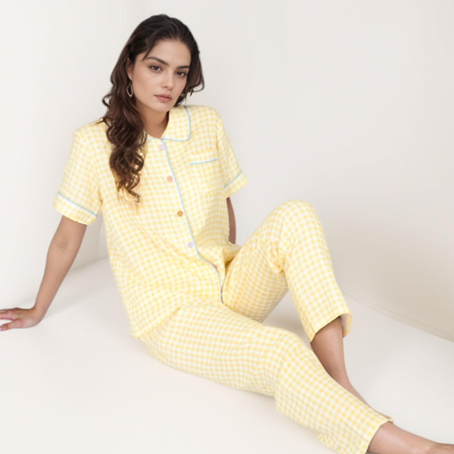 Anna-Kaci Lounge Women's Gingham Print Two-Piece Pajama Set with Short Sleeve Button Top and Relaxed Fit Pants