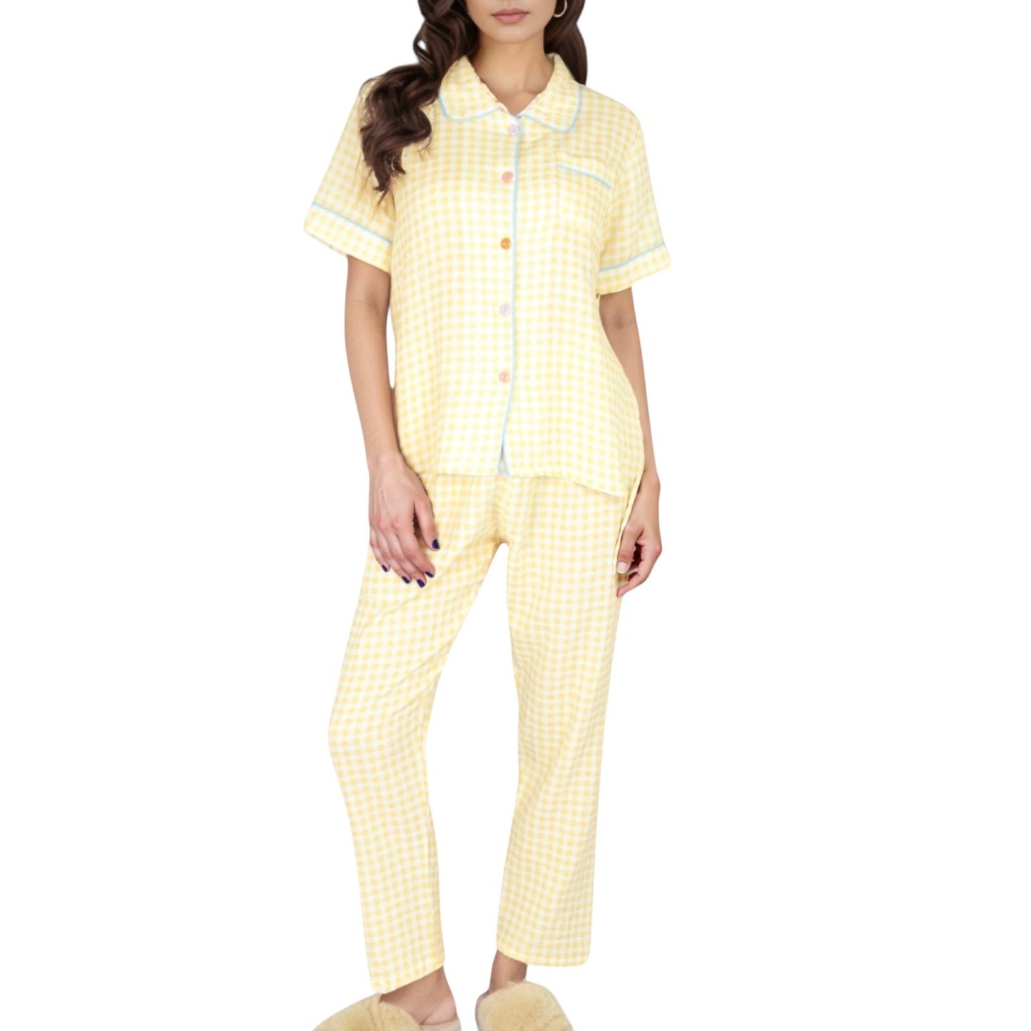 Anna-Kaci Lounge Women's Gingham Print Two-Piece Pajama Set with Short Sleeve Button Top and Relaxed Fit Pants