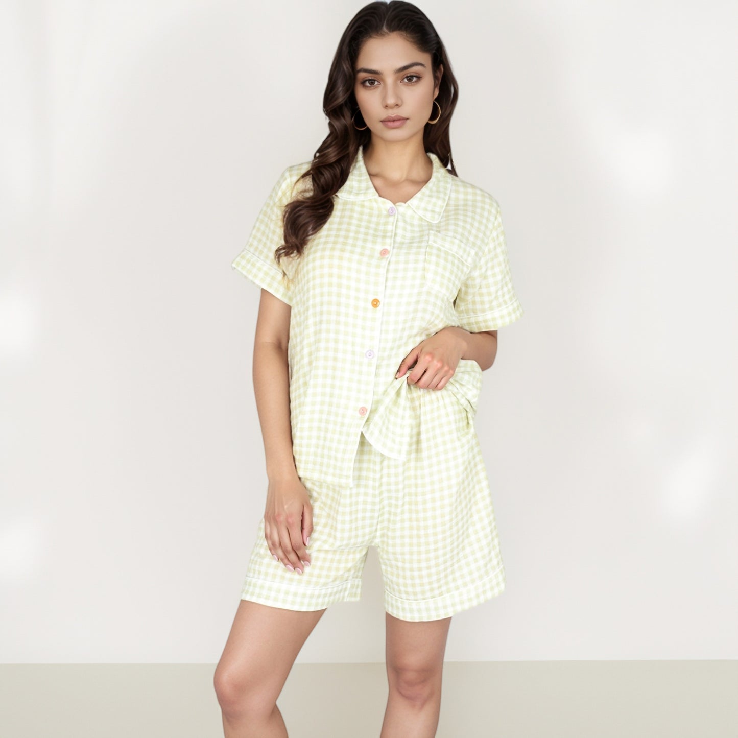 Anna-Kaci Women's Gingham Short Sleeve Pajama Set with Contrast Buttons and Matching Shorts