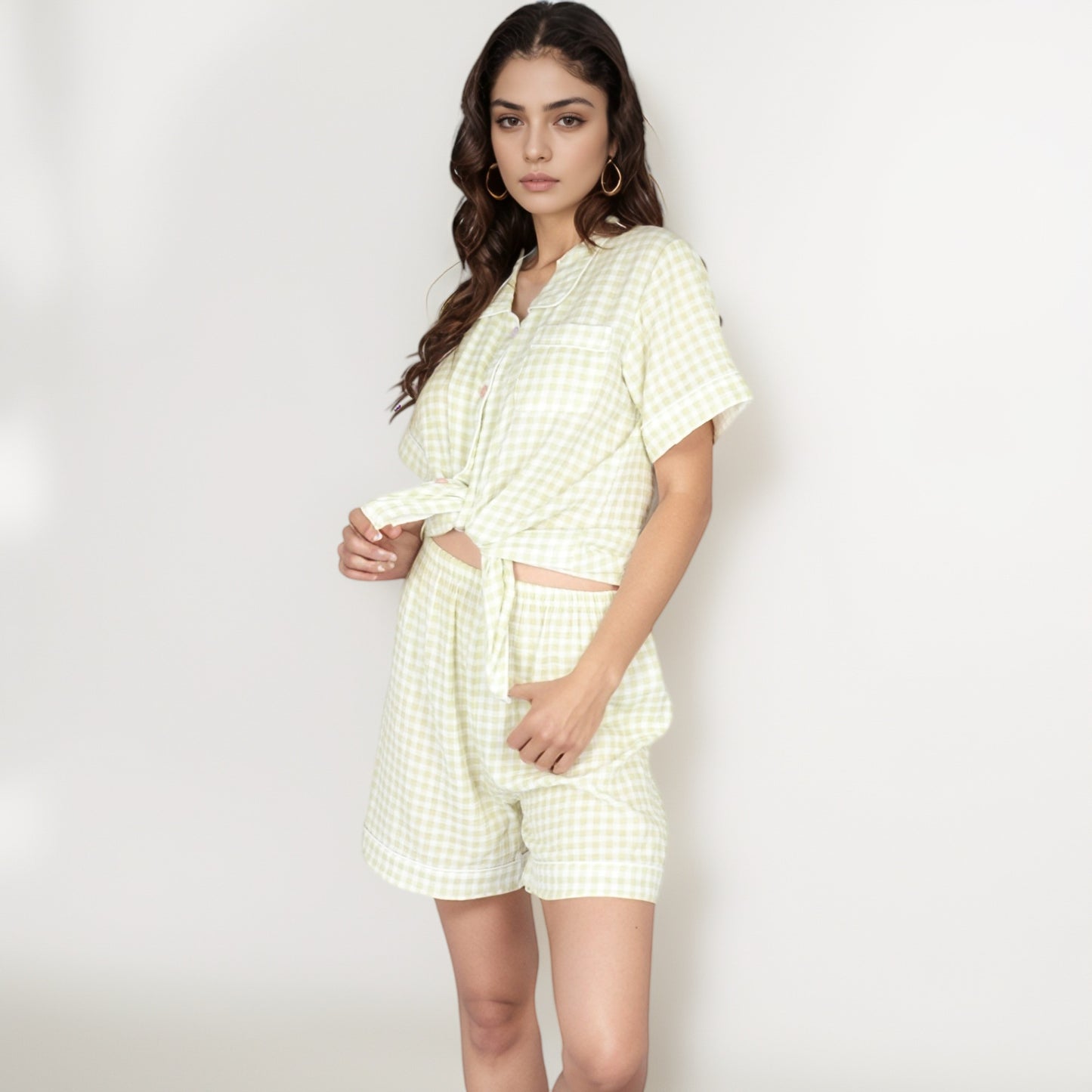Anna-Kaci Women's Gingham Short Sleeve Pajama Set with Contrast Buttons and Matching Shorts