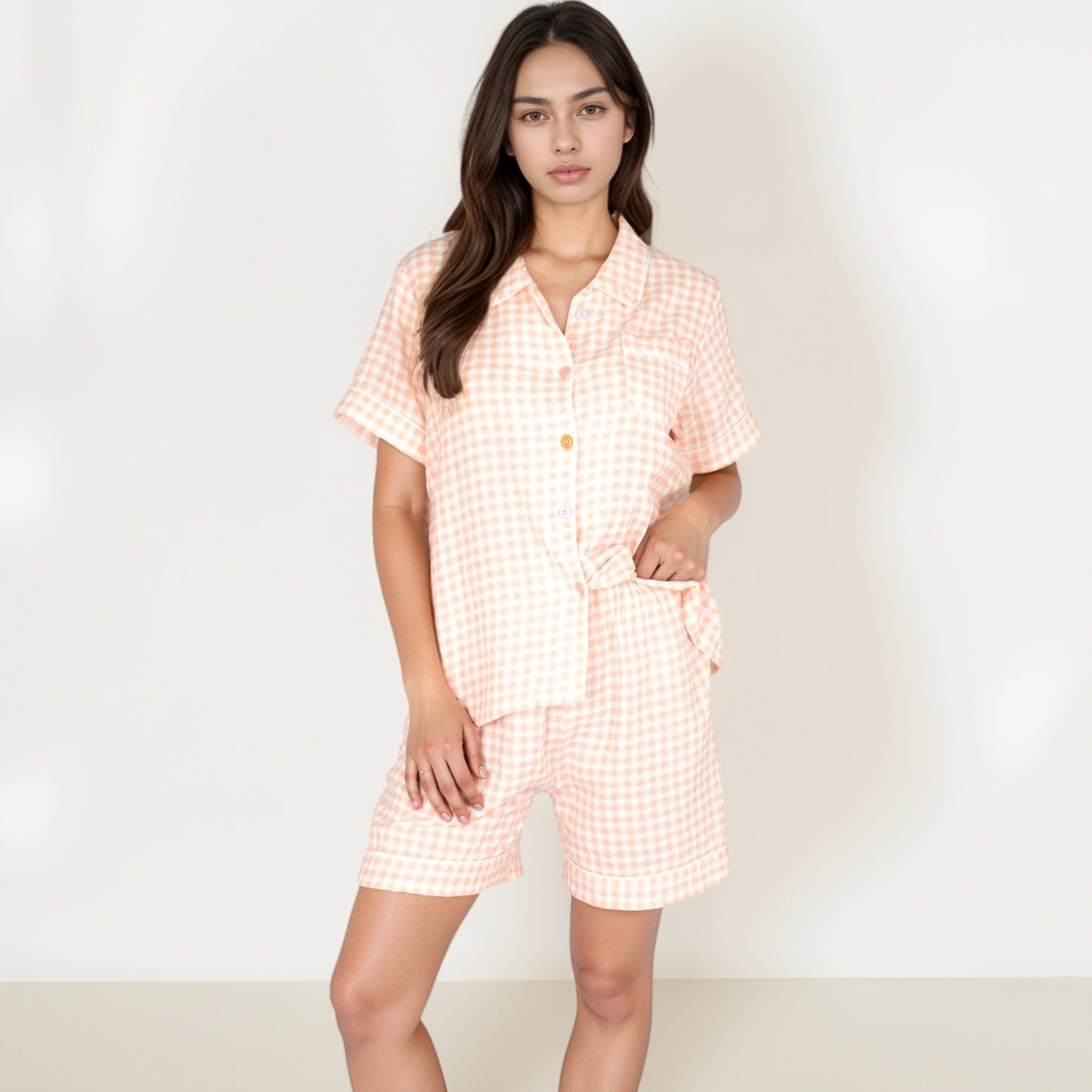 Anna-Kaci Women's Gingham Short Sleeve Pajama Set with Contrast Buttons and Matching Shorts