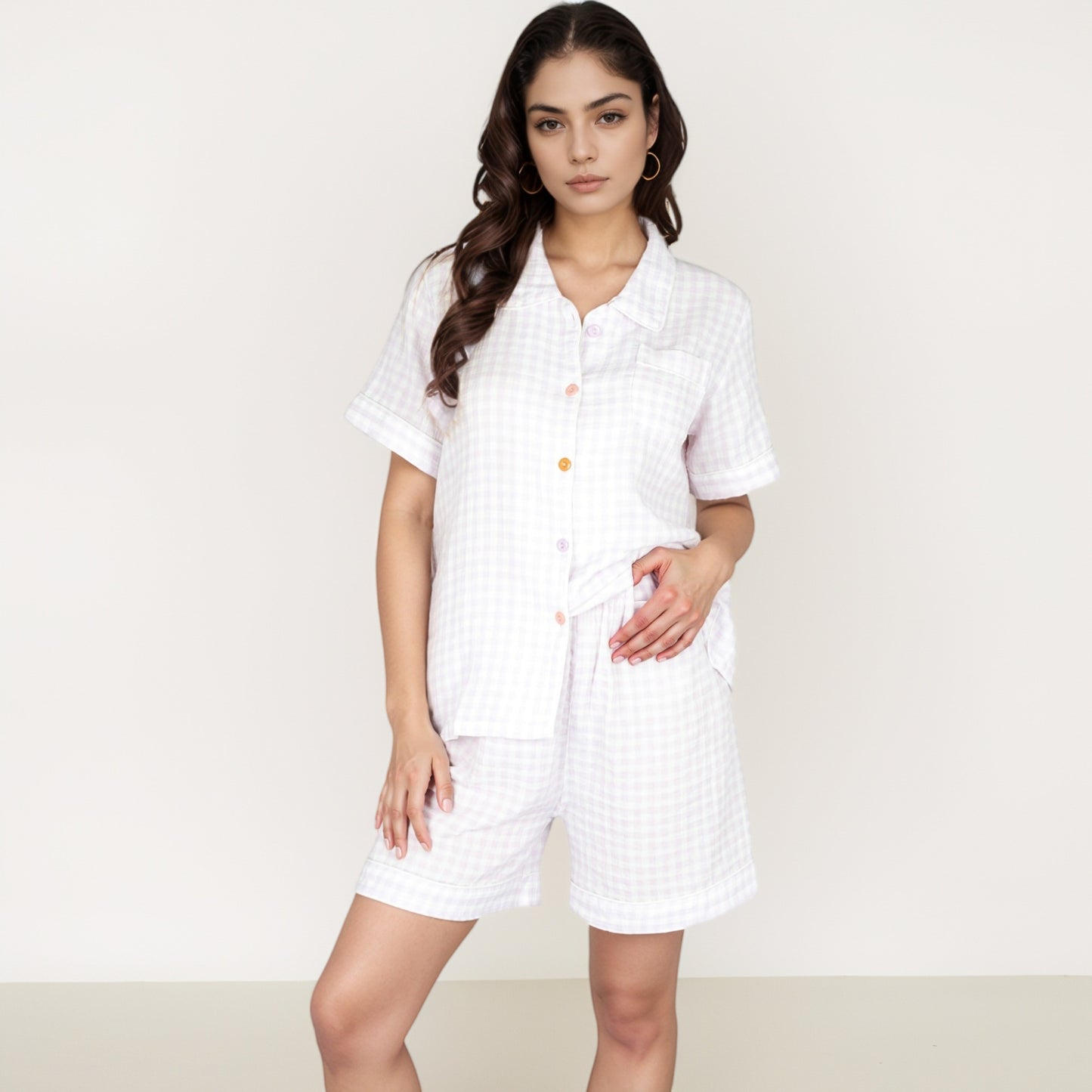 Anna-Kaci Women's Gingham Short Sleeve Pajama Set with Contrast Buttons and Matching Shorts