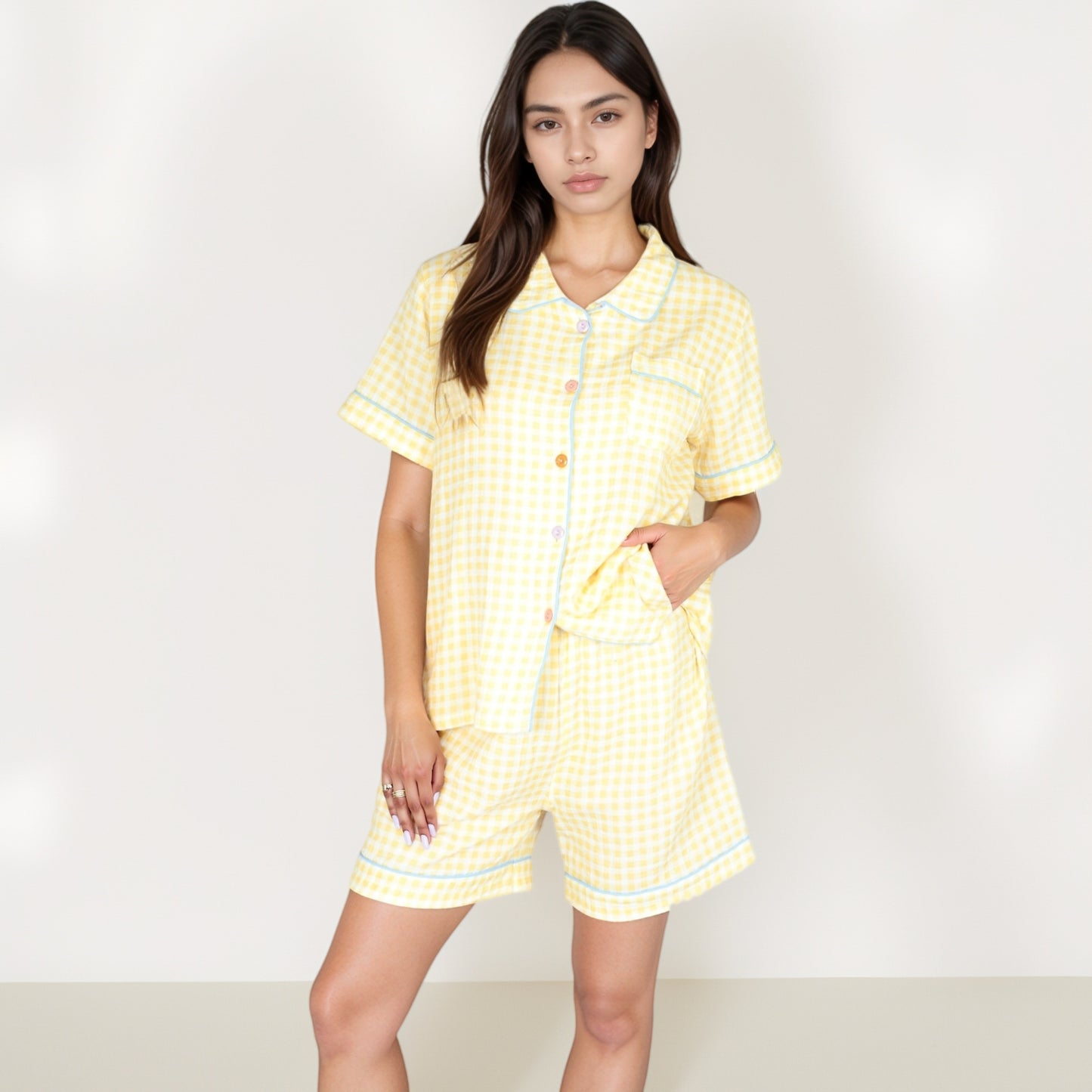 Anna-Kaci Women's Gingham Short Sleeve Pajama Set with Contrast Buttons and Matching Shorts