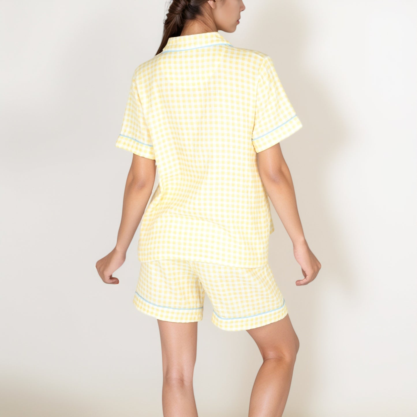 Anna-Kaci Women's Gingham Short Sleeve Pajama Set with Contrast Buttons and Matching Shorts