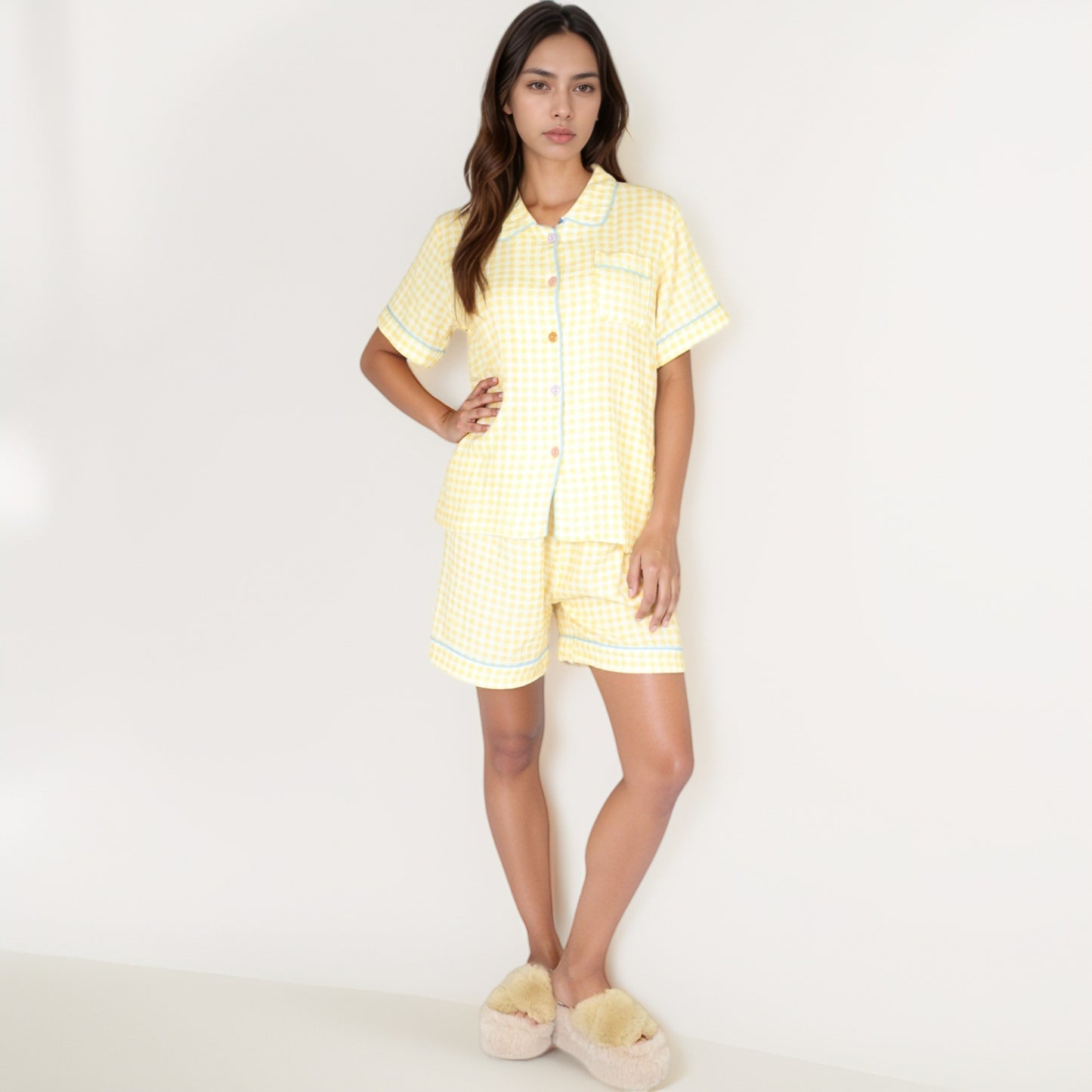 Anna-Kaci Women's Gingham Short Sleeve Pajama Set with Contrast Buttons and Matching Shorts