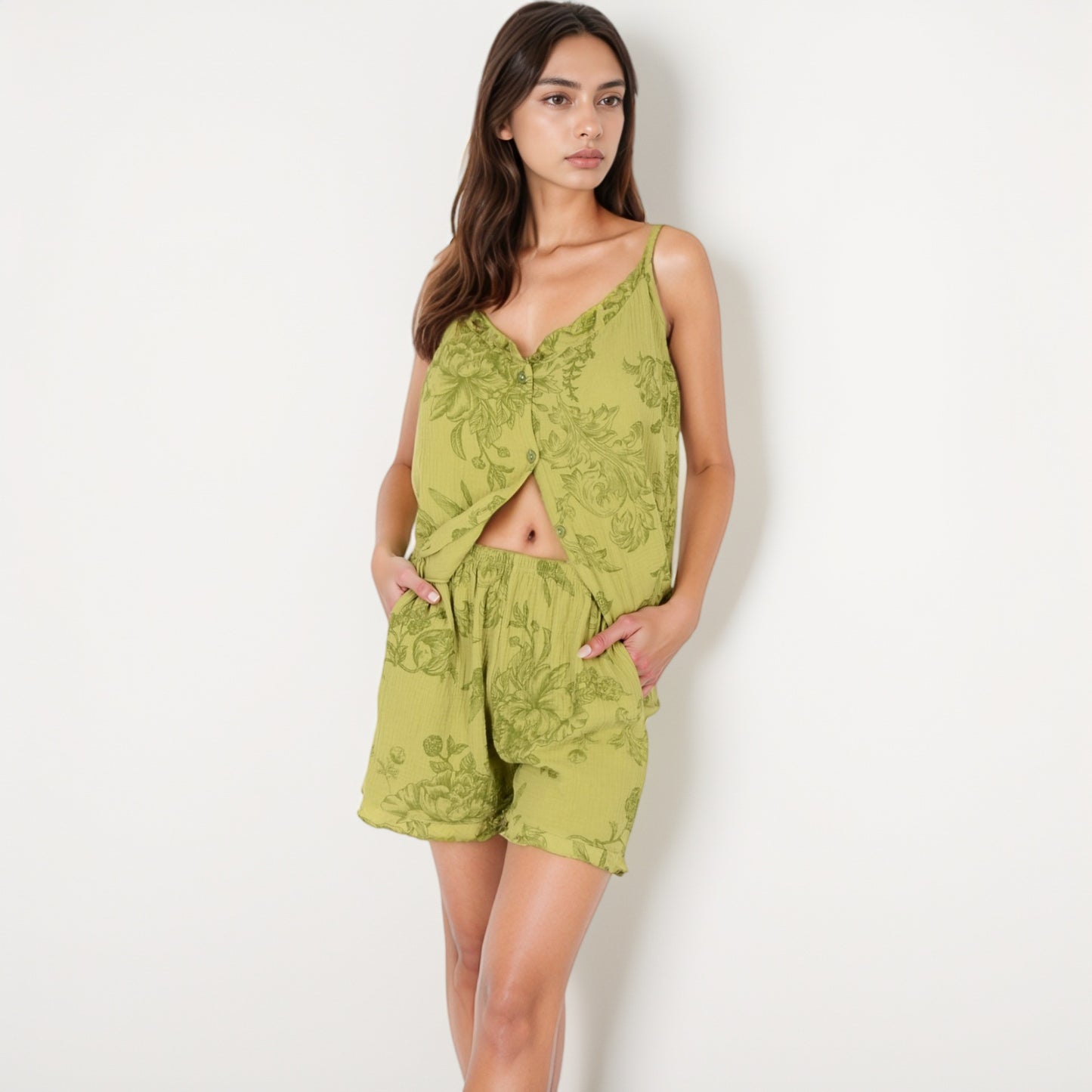 Anna-Kaci Lounge Women's Printed Sleepwear Set with Button-Front Tank Top and Ruffled Hem Shorts