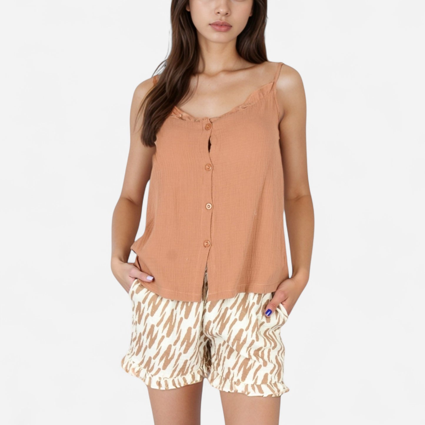 Anna-Kaci Lounge Women's Printed Sleepwear Set with Button-Front Tank Top and Ruffled Hem Shorts