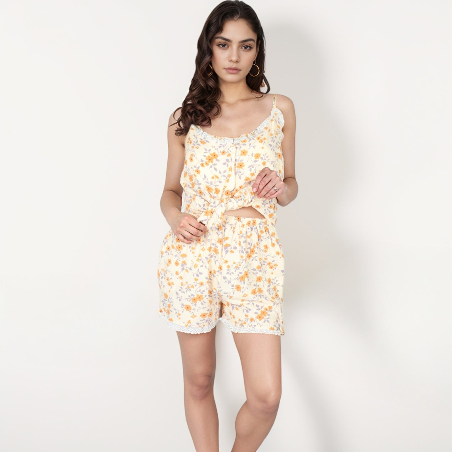 Anna-Kaci Lounge Women's Printed Sleepwear Set with Button-Front Tank Top and Ruffled Hem Shorts