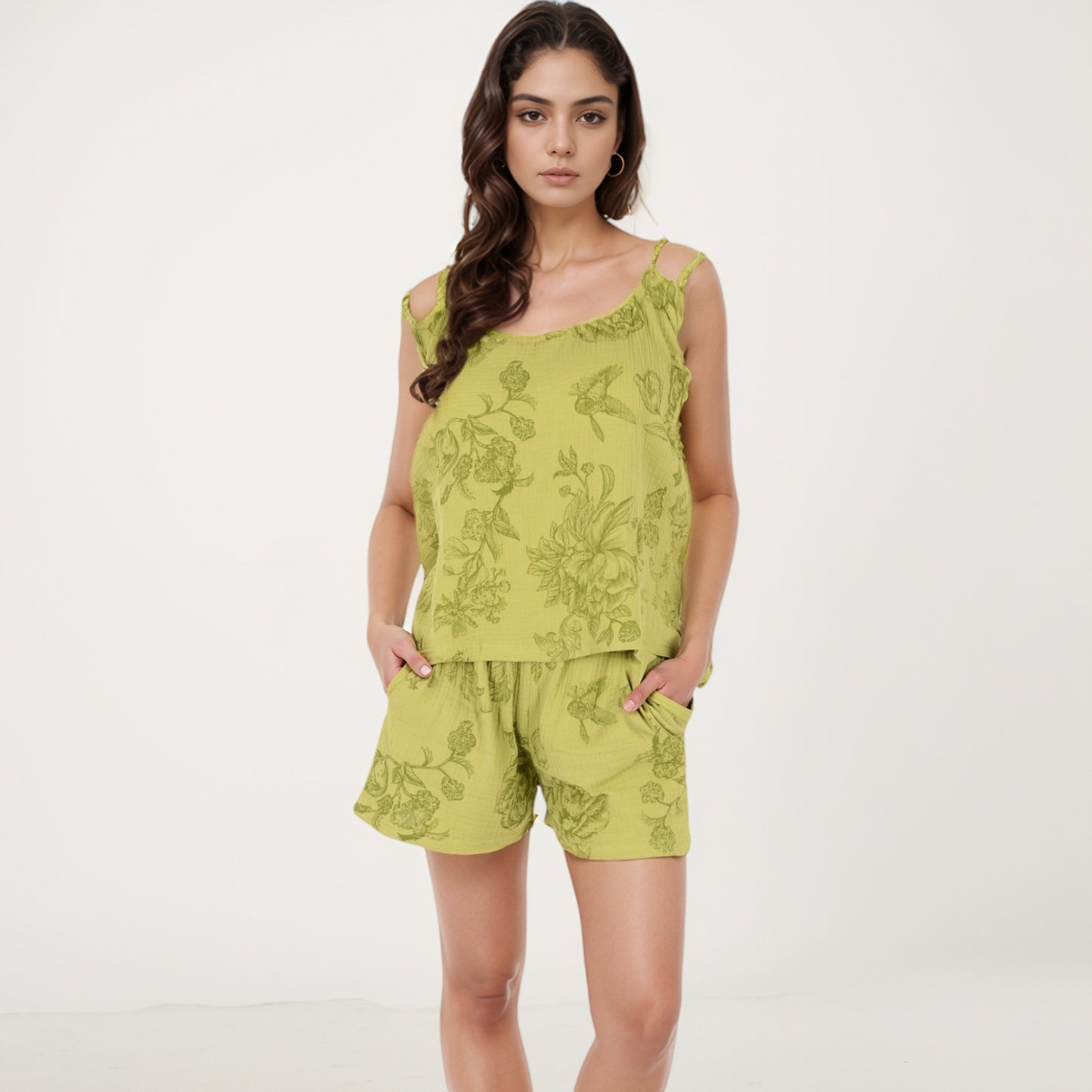 Anna-Kaci Lounge Women's Floral Print Sleepwear Set with Spaghetti Strap Tank and Solid Elastic Waist Shorts